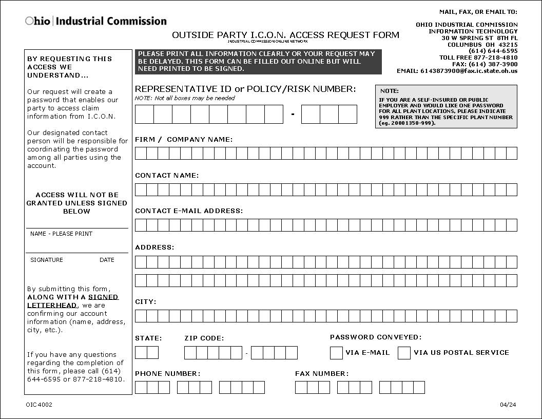 Outside Party ICON Access Request Form {IC-PW} | Pdf Fpdf Doc Docx | Ohio