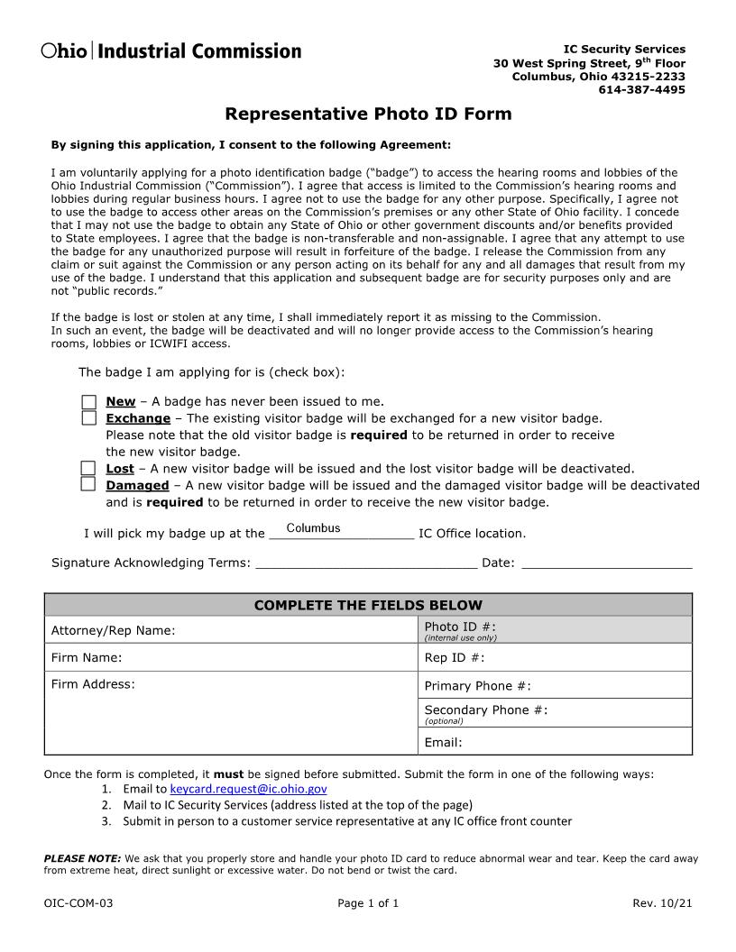 Representative Photo ID Form {OIC-COM-03} | Pdf Fpdf Docx | Ohio