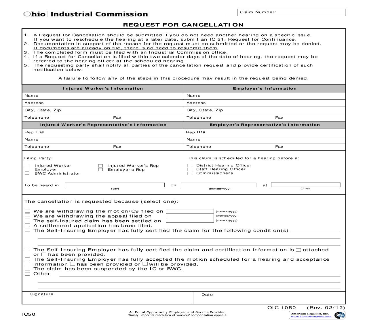 Request For Cancellation {IC-50} | Pdf Fpdf Doc Docx | Ohio