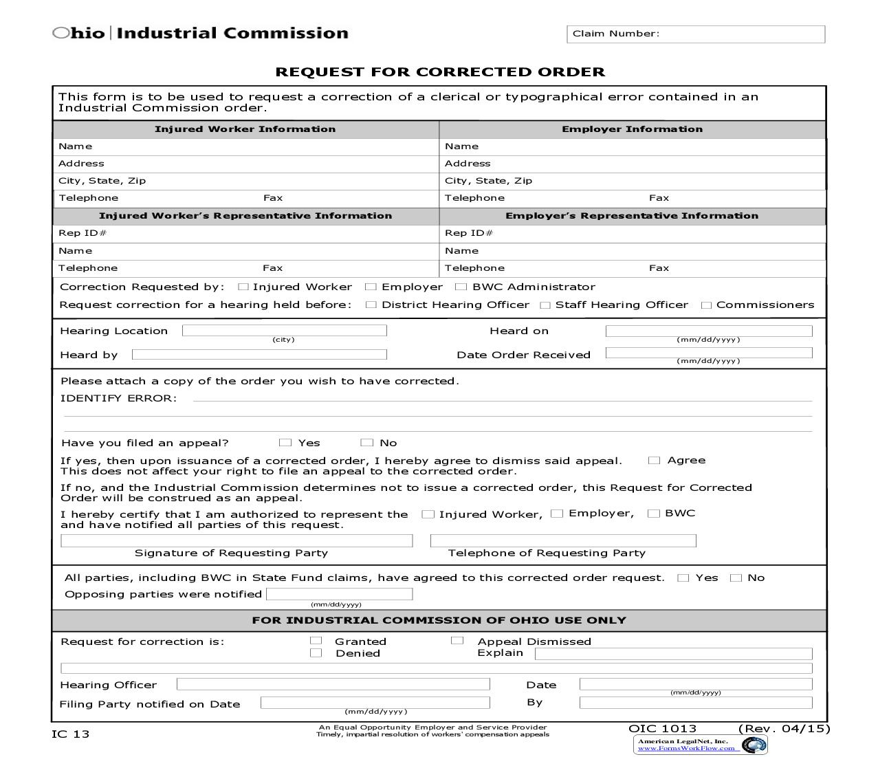 Request For Corrected Order {IC-13} | Pdf Fpdf Doc Docx | Ohio