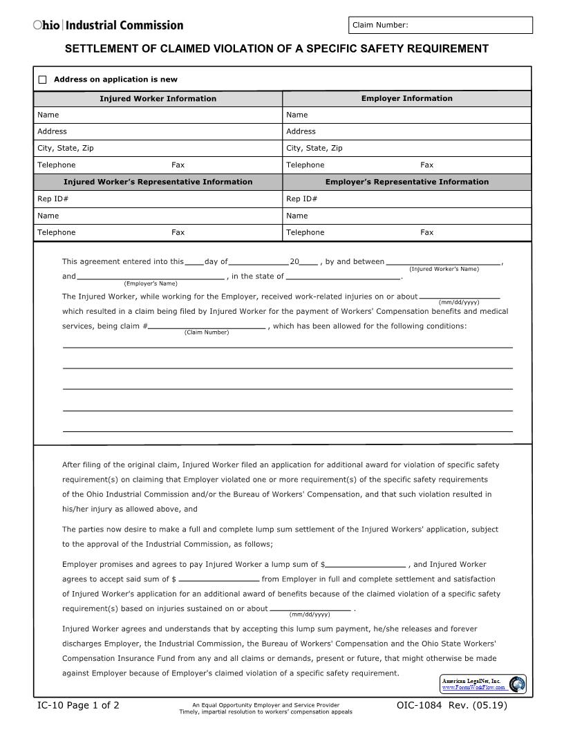 Settlement Of Claimed Violation Of Specific Safety Requirement {OIC-1084} | Pdf Fpdf Docx | Ohio