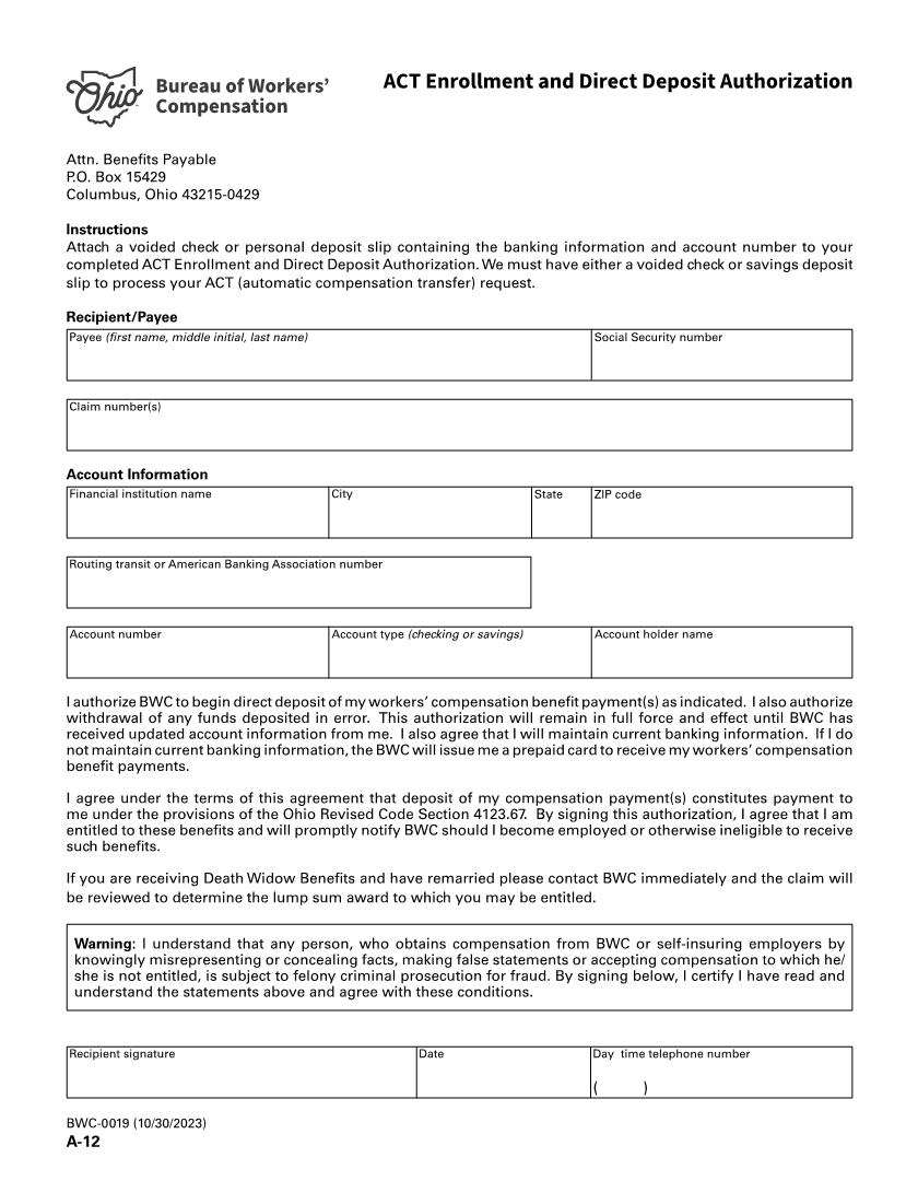 ACT Enrollment And Direct Deposit Authorization {BWC-0019} | Pdf Fpdf Doc Docx | Ohio