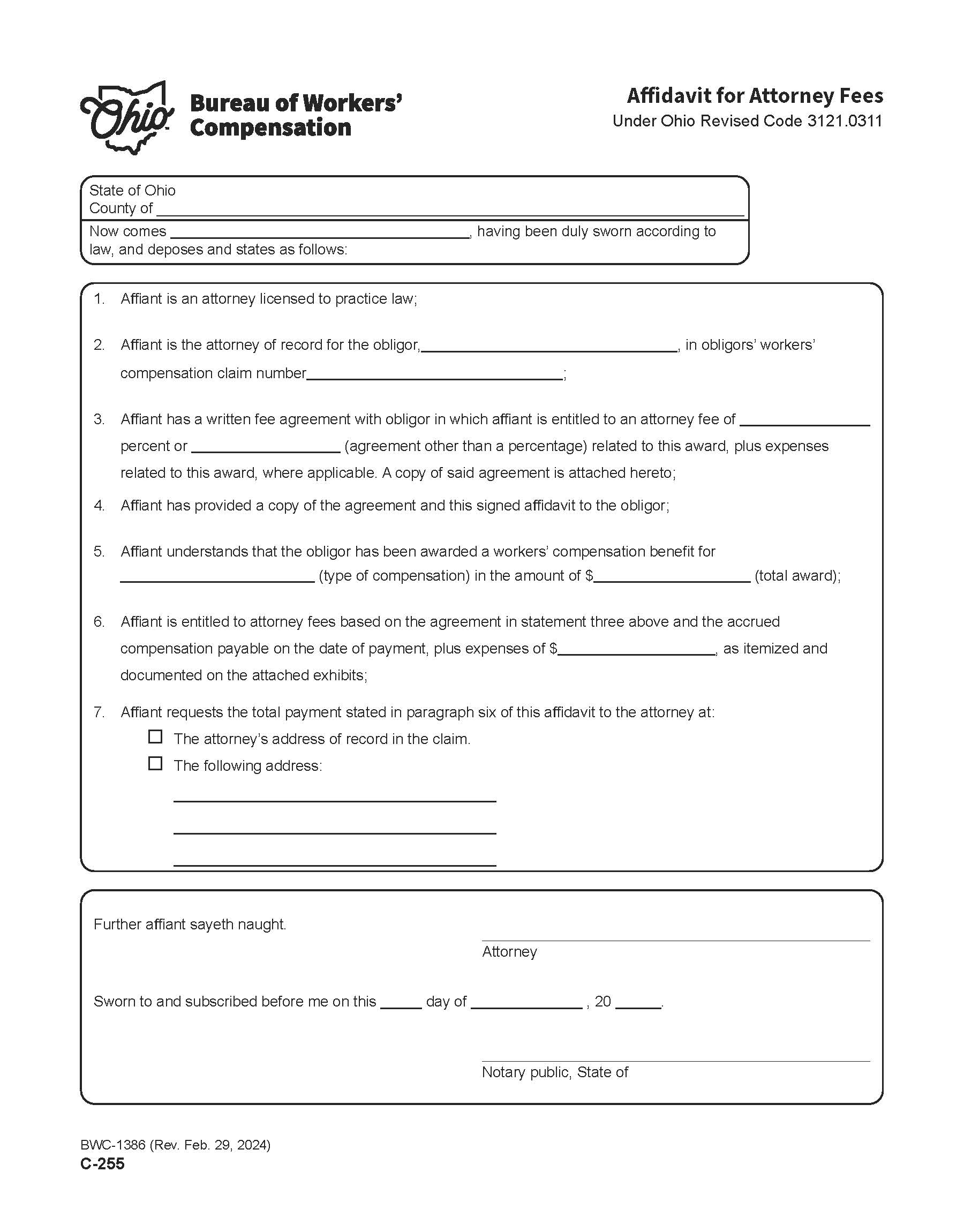 Affidavit For Attorney Fees {BWC-1386} | Pdf Fpdf Doc Docx | Ohio