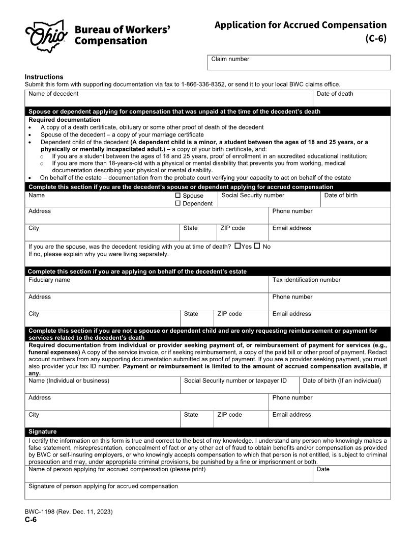 Application For Accrued Compensation {BWC-1198} | Pdf Fpdf Docx | Ohio