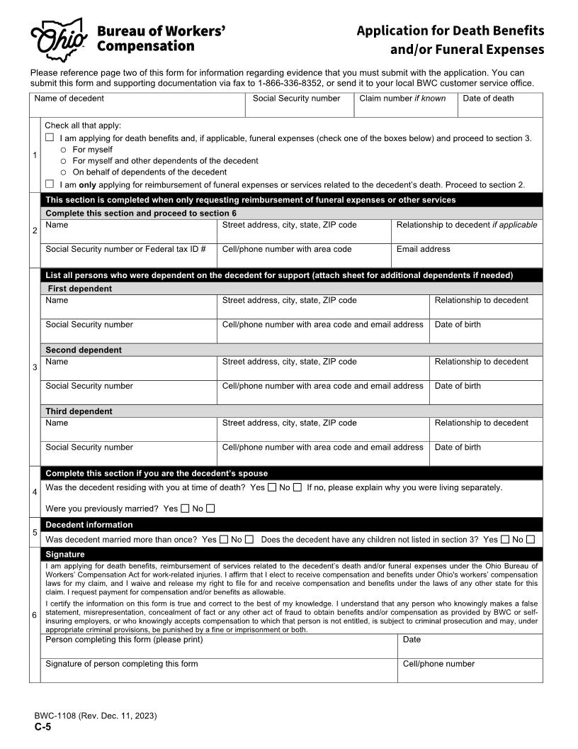 Application For Death Benefits And Or Funeral Expenses {BWC-1108} | Pdf Fpdf Docx | Ohio