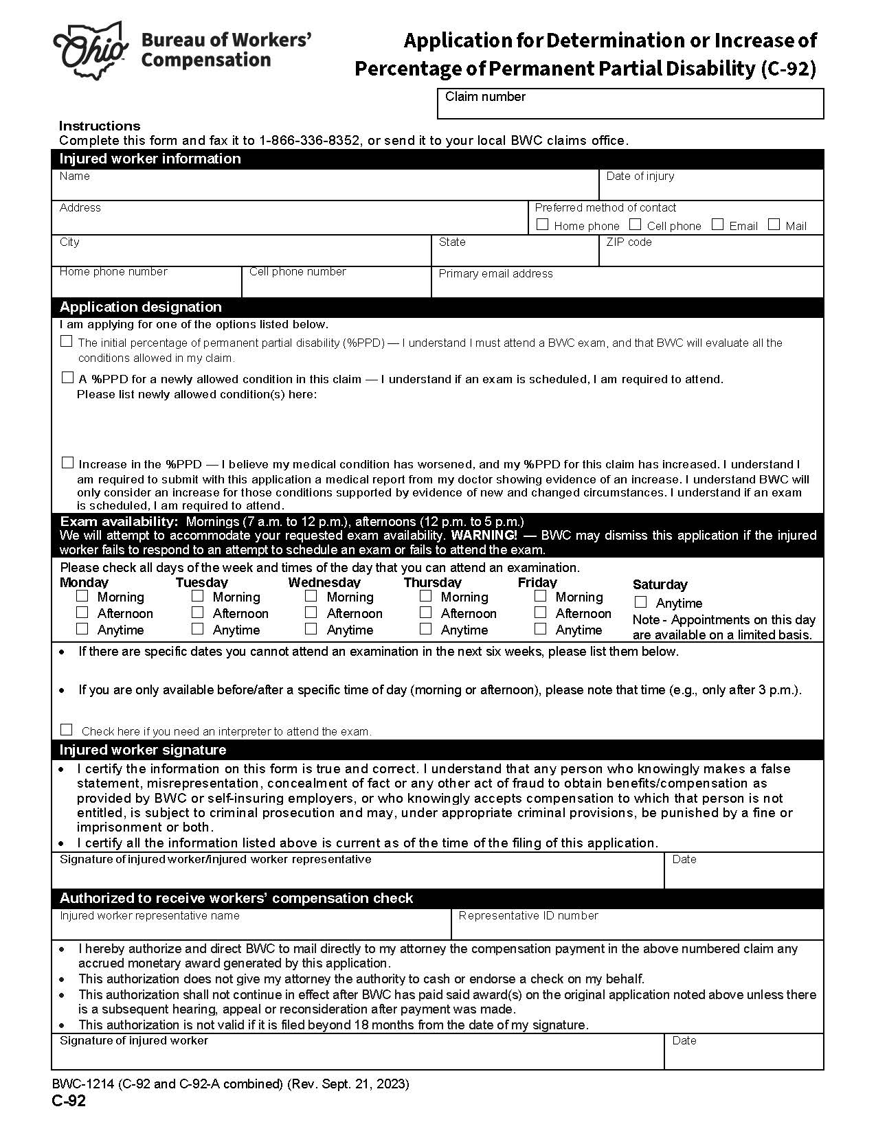 Application For Determination Of Percentage Of Permanent Partial Disability {BWC-1214} | Pdf Fpdf Docx | Ohio