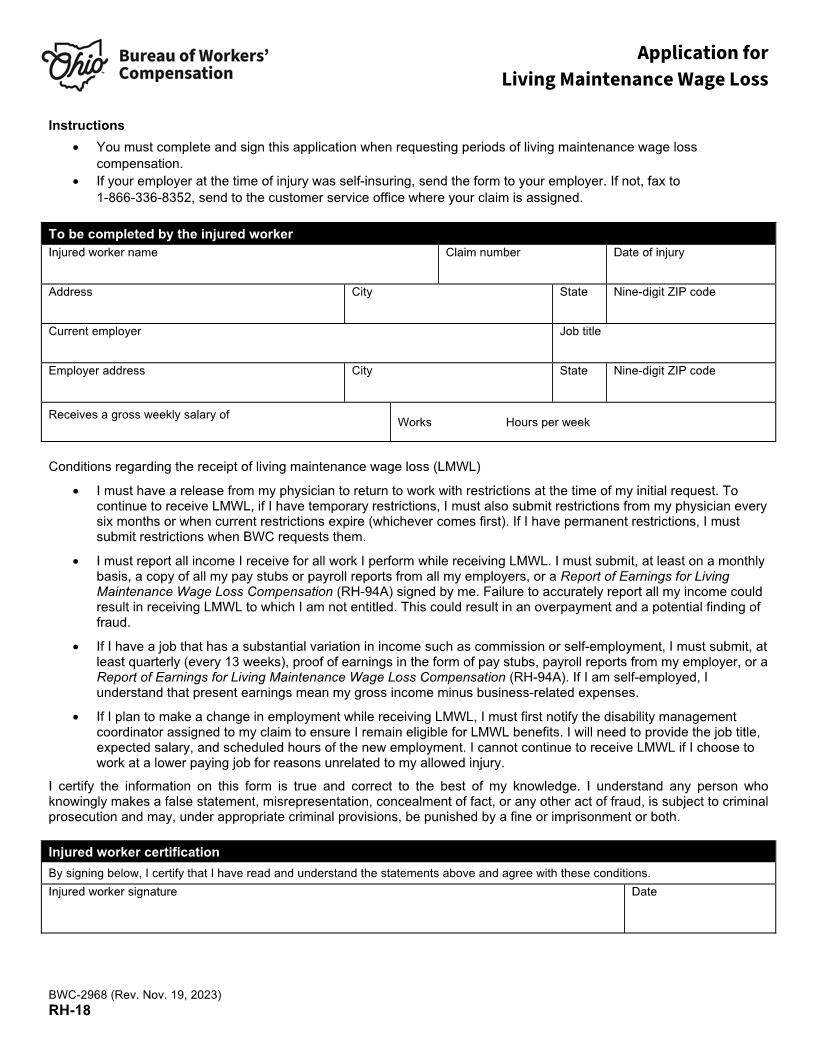 Application For Living Maintenance Wage Loss {BWC-2968} | Pdf Fpdf Doc Docx | Ohio