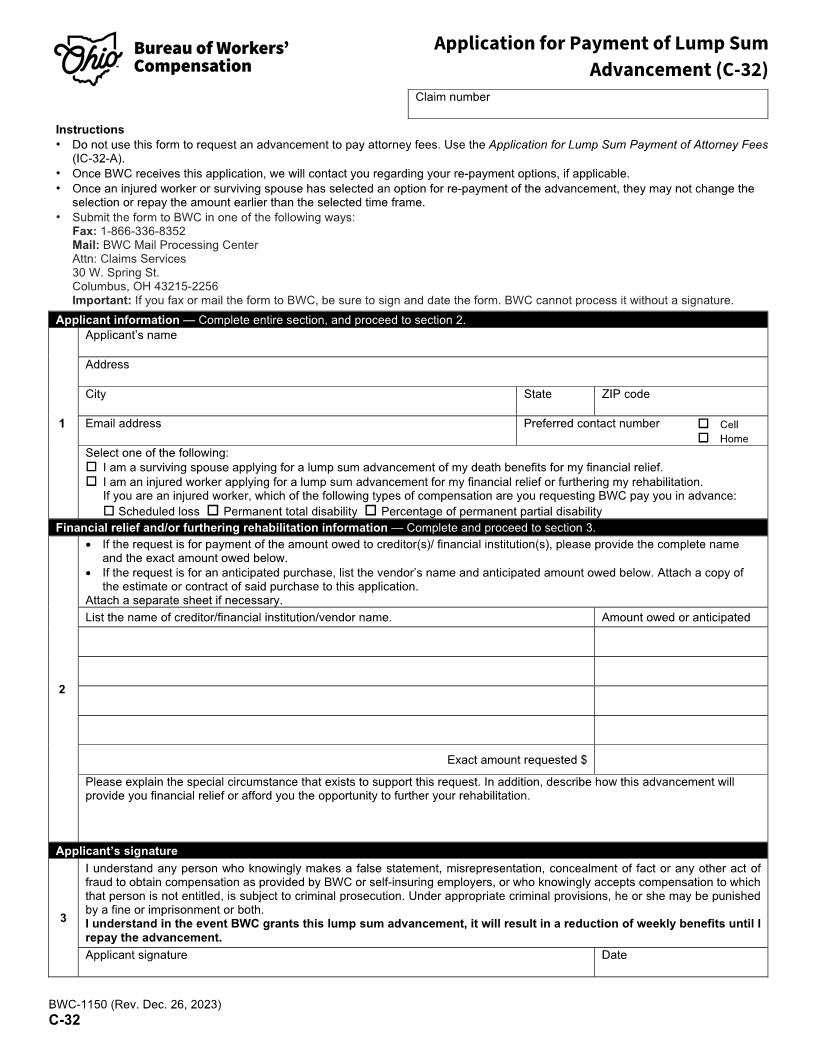 Application For Payment Of Lump Sum Advancement {BWC-1150} | Pdf Fpdf Docx | Ohio