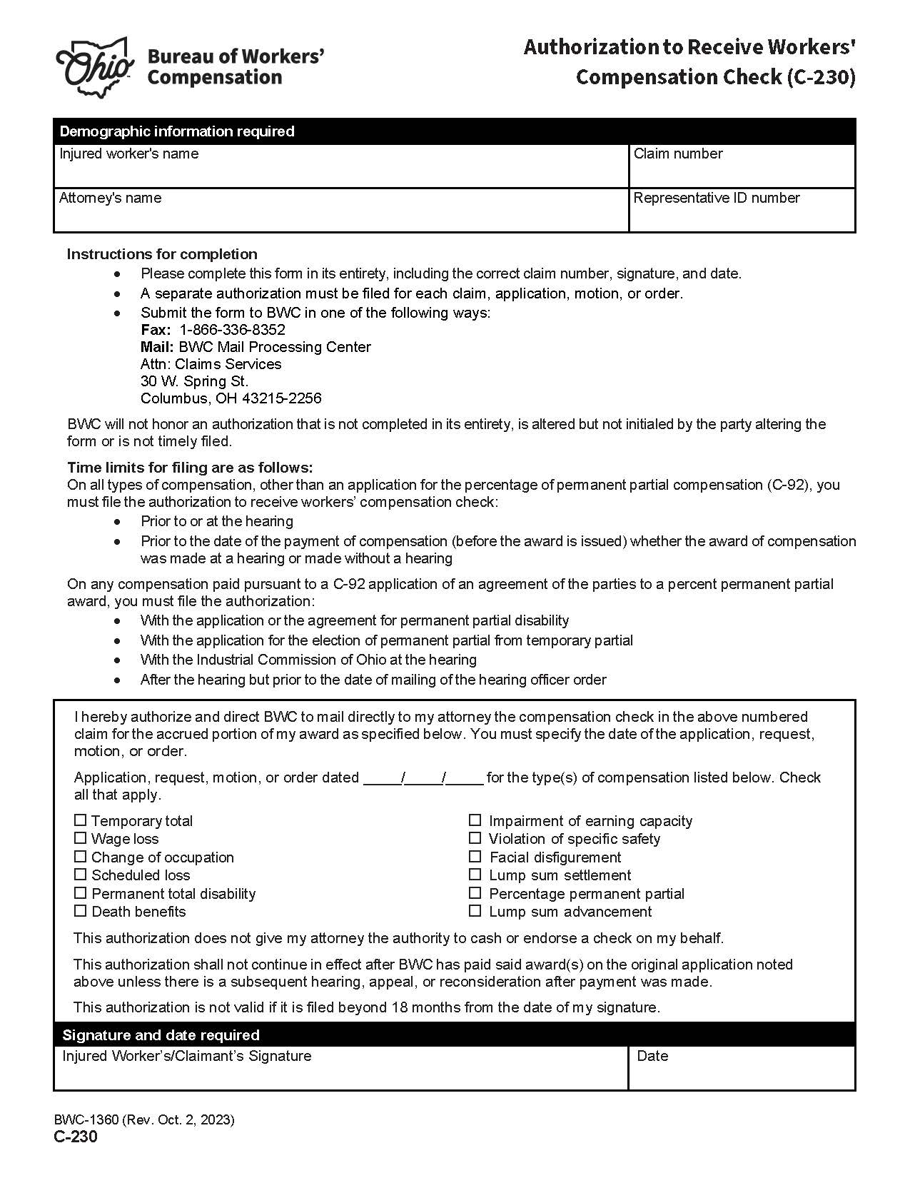 Authorization To Receive Workers Compensation Payment {BWC-1360} | Pdf Fpdf Doc Docx | Ohio