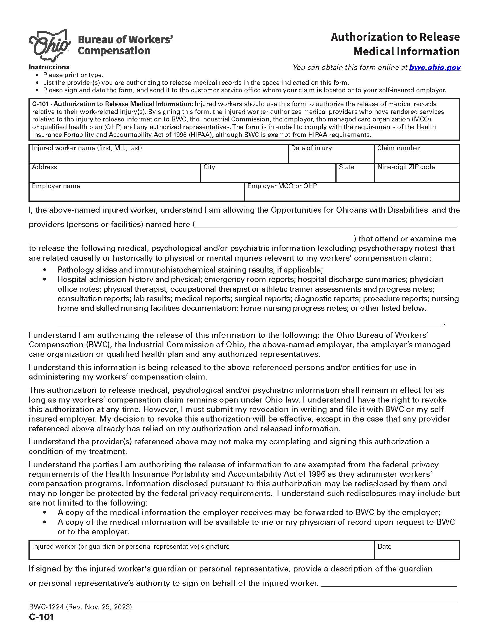Authorization To Release Medical Information {BWC-1224} | Pdf Fpdf Doc Docx | Ohio
