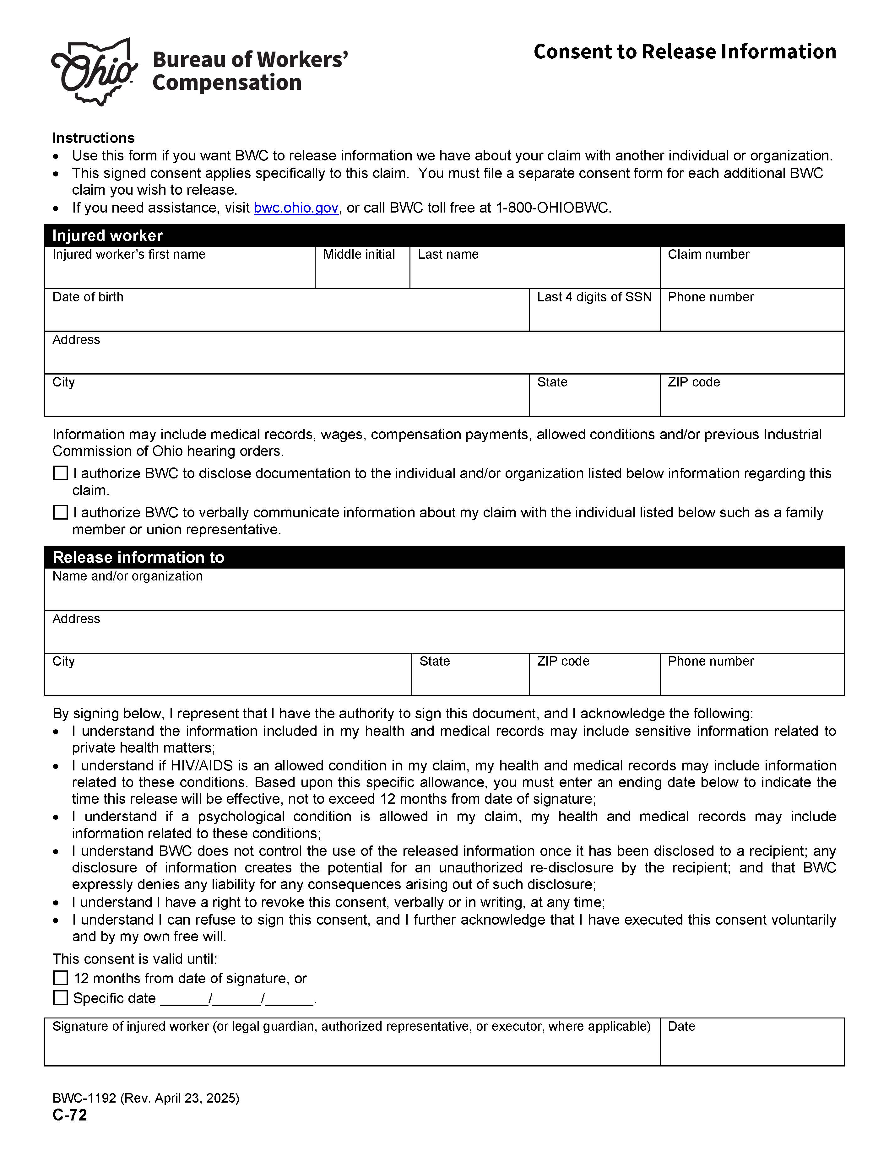 Consent To Release Information {BWC-1192} | Pdf Fpdf Doc Docx | Ohio