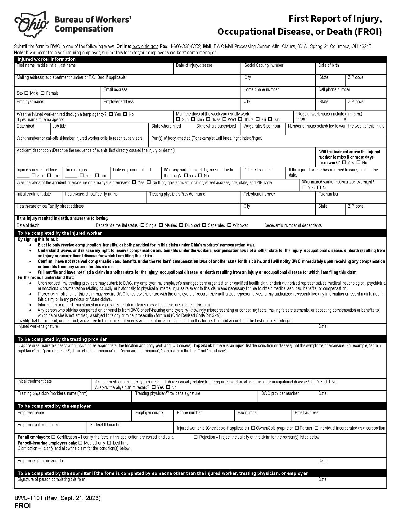 First Report Of An Injury Occupational Disease Or Death {FROI-1} | Pdf Fpdf Docx | Ohio