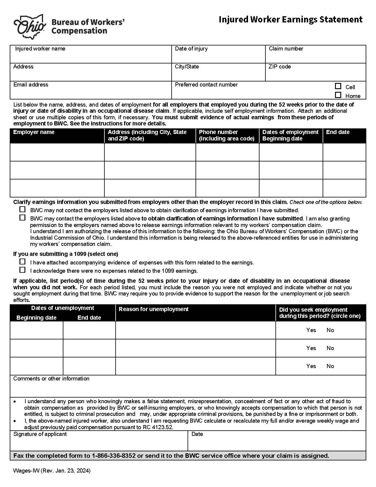 Injured Worker Earnings Statement {Wages-IW} | Pdf Fpdf Docx | Ohio