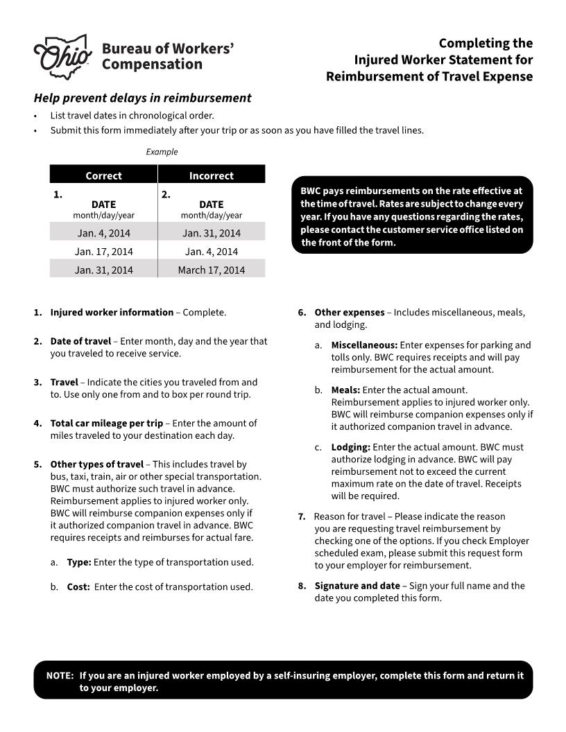Injured Worker Statement Reimbursement Of Travel Expense {BWC-1178} | Pdf Fpdf Doc Docx | Ohio