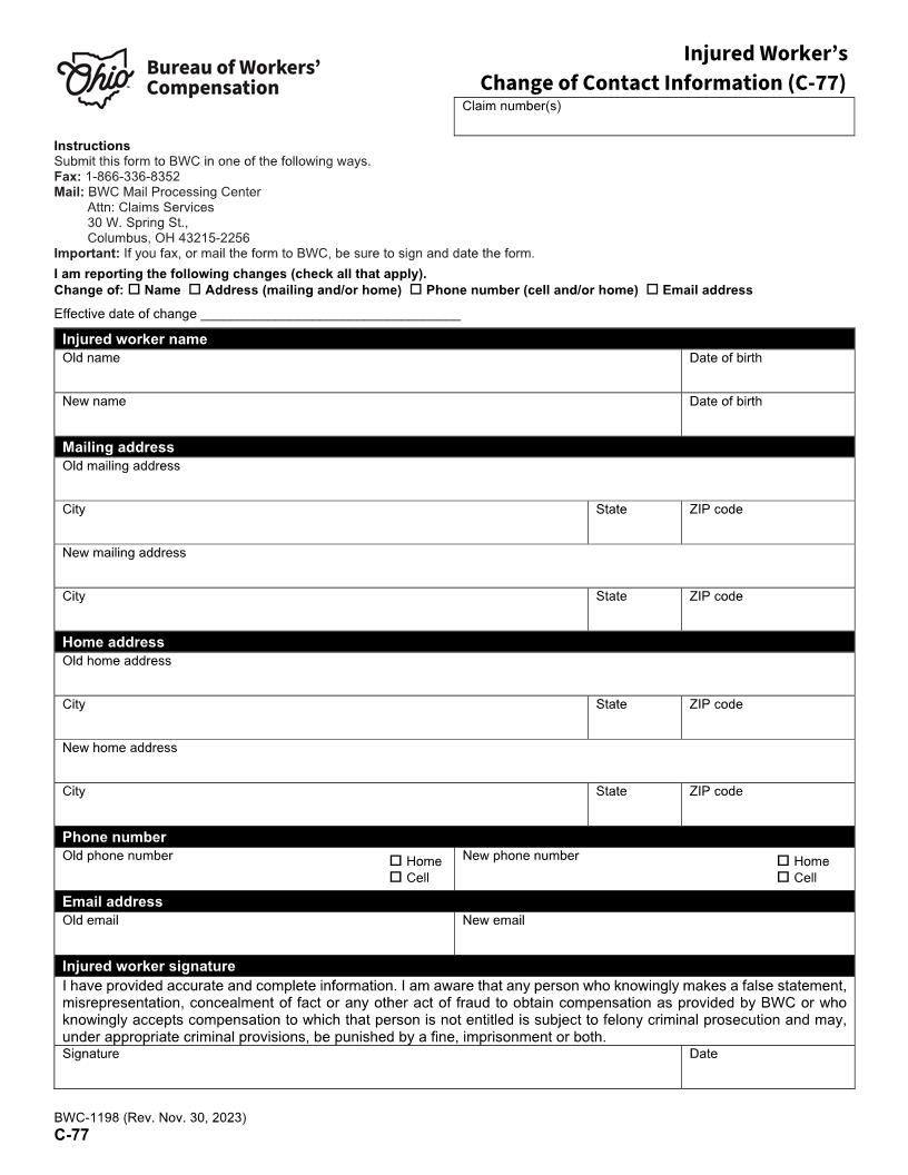 Injured Workers Change Of Contact Information {BWC-1198} | Pdf Fpdf Docx | Ohio