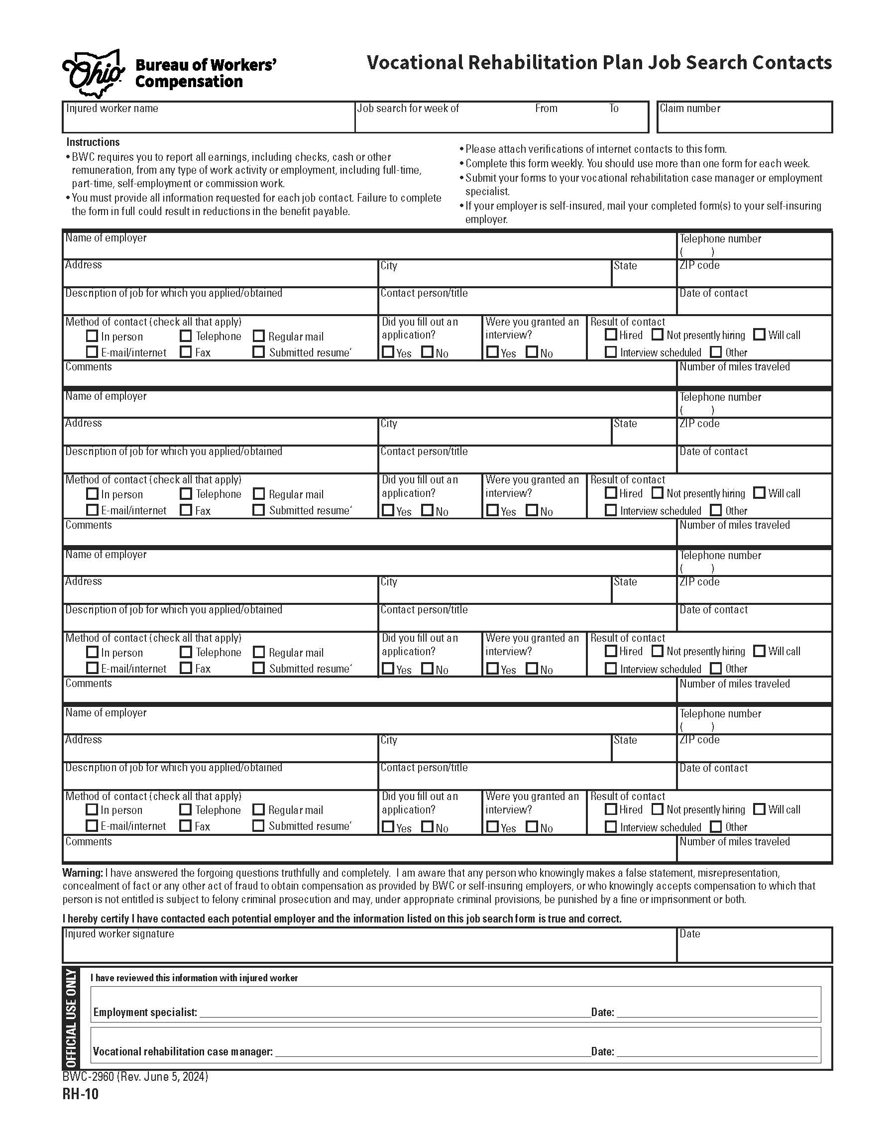 Injured Workers Record Of Job Search Contacts {BWC-2960} | Pdf Fpdf Doc Docx | Ohio