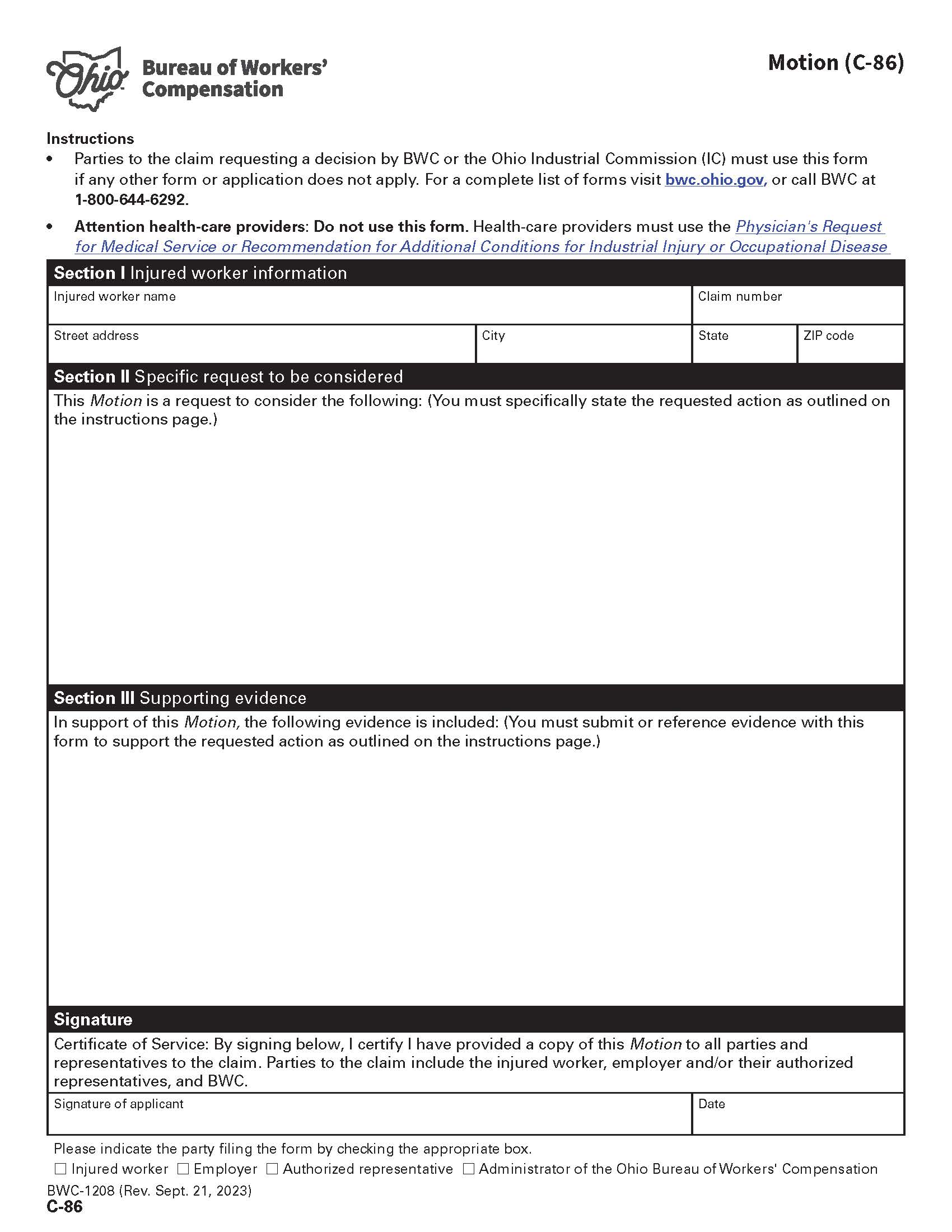 Motion {BWC-1208} | Pdf Fpdf Doc Docx | Ohio