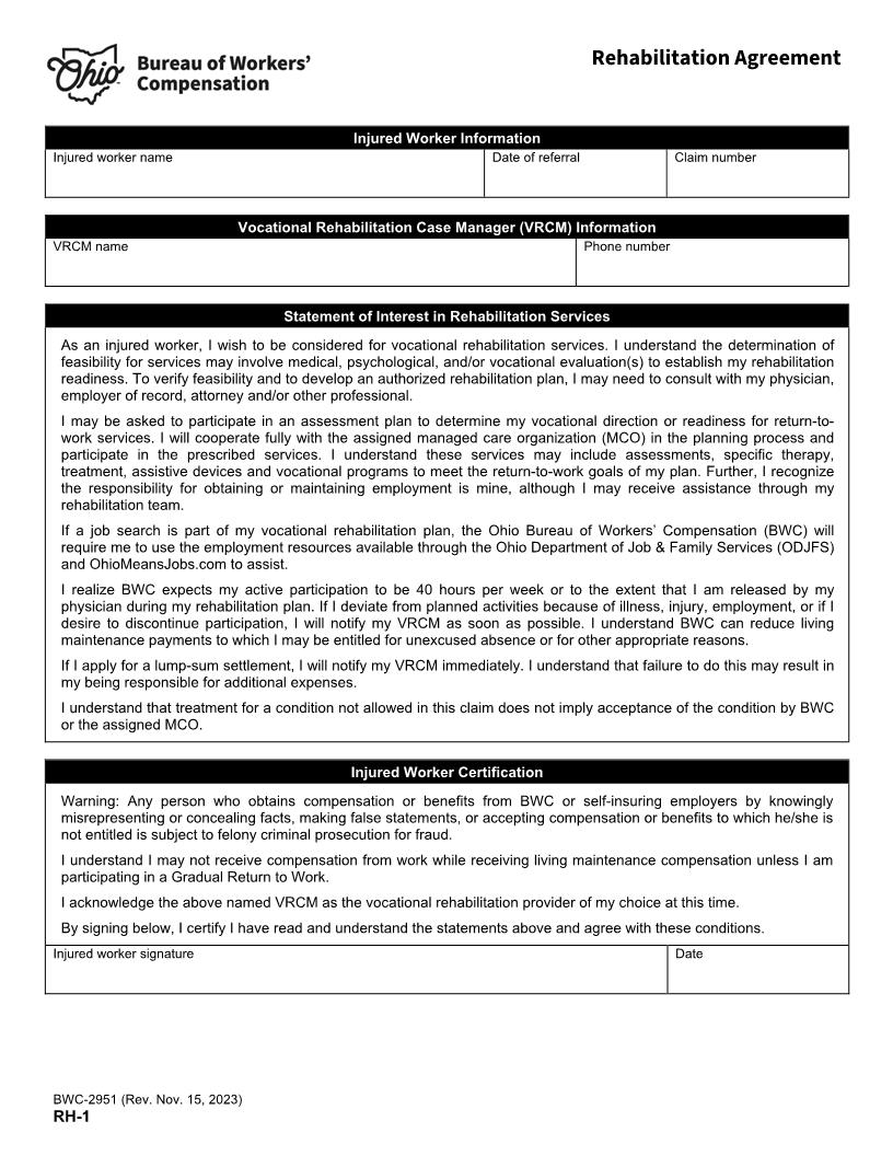 Rehabilitation Agreement {BWC-2951} | Pdf Fpdf Doc Docx | Ohio