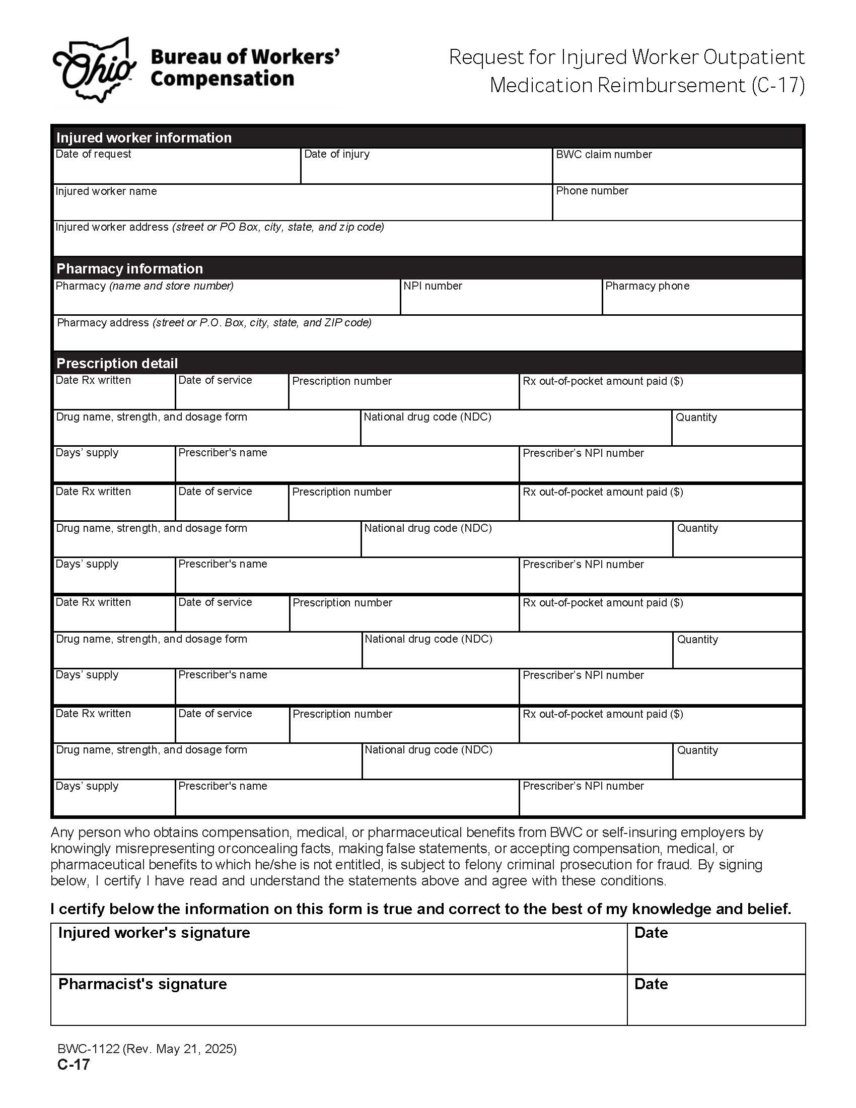 Request For Injured Worker Outpatient Medication Reimbursement {BWC-1122} | Pdf Fpdf Docx | Ohio