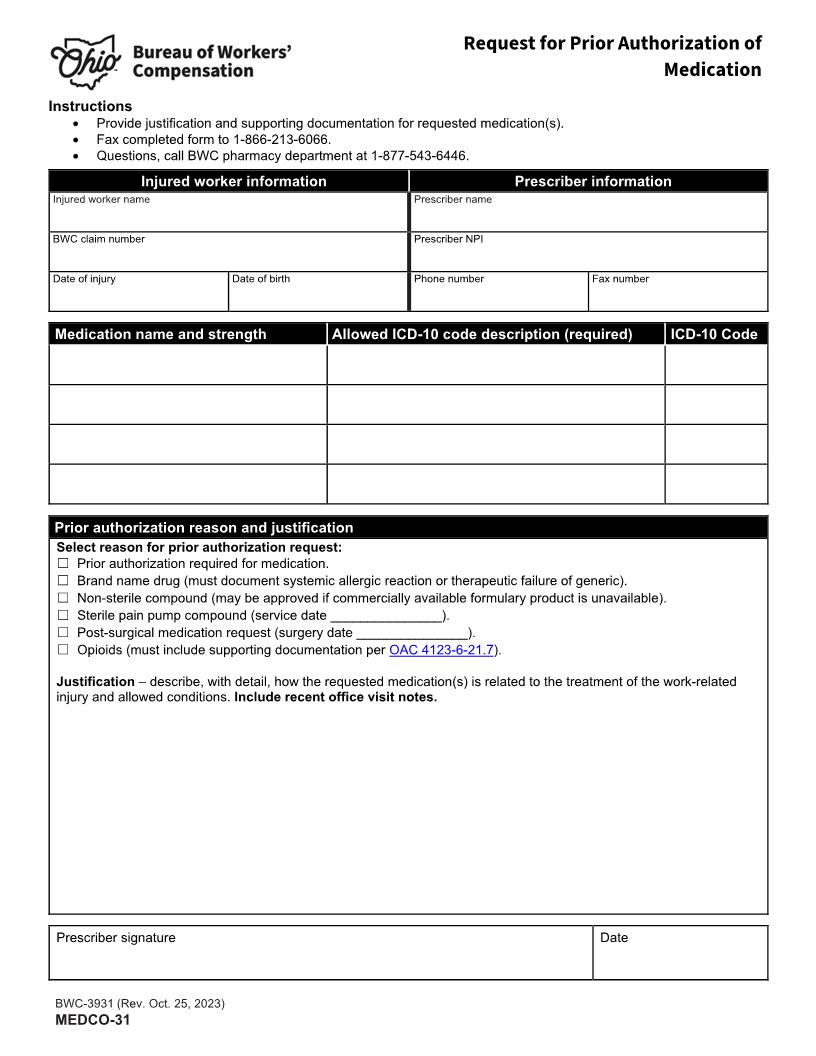 Request For Prior Authorization Of Medication {BWC-3931} | Pdf Fpdf Doc Docx | Ohio