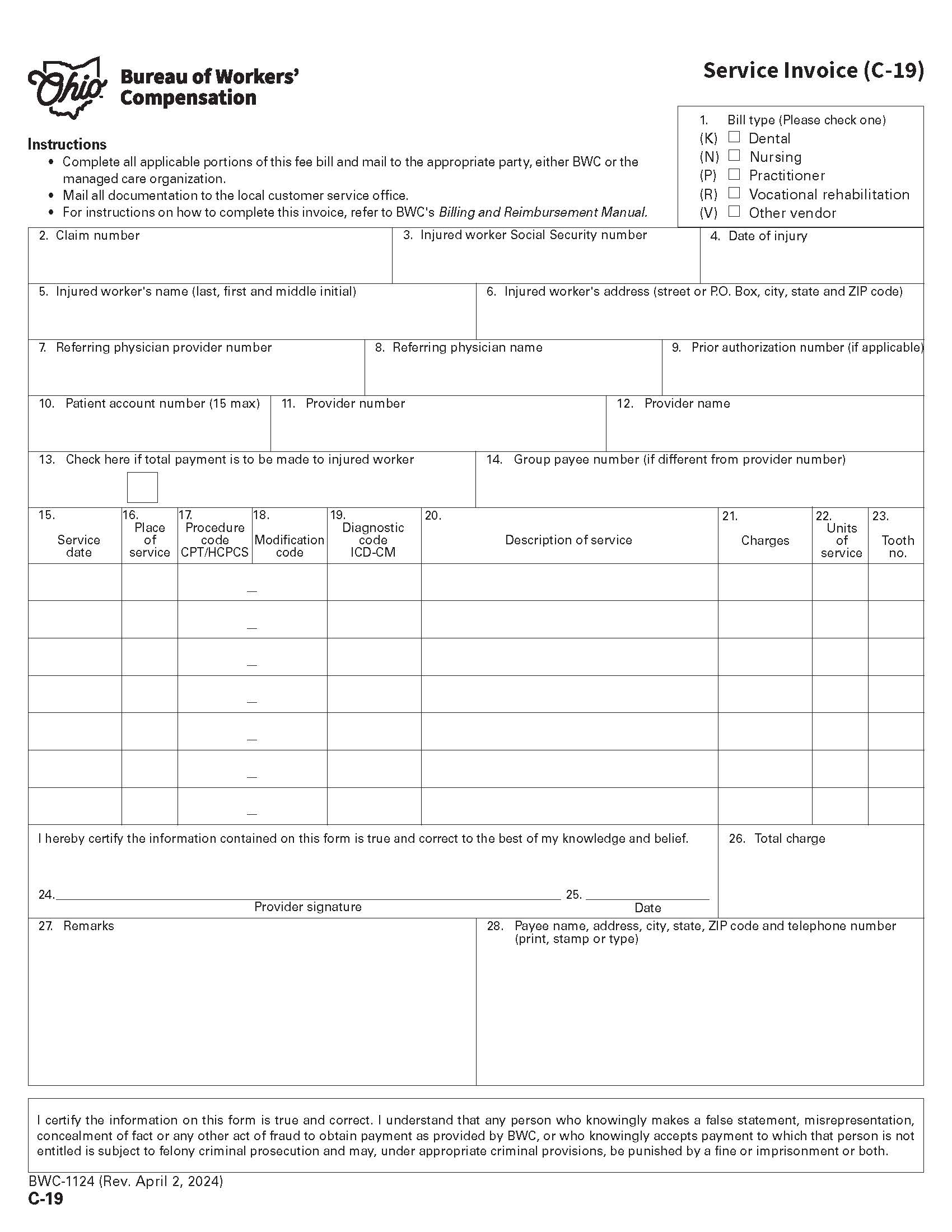 Service Invoice {BWC-1124} | Pdf Fpdf Docx | Ohio