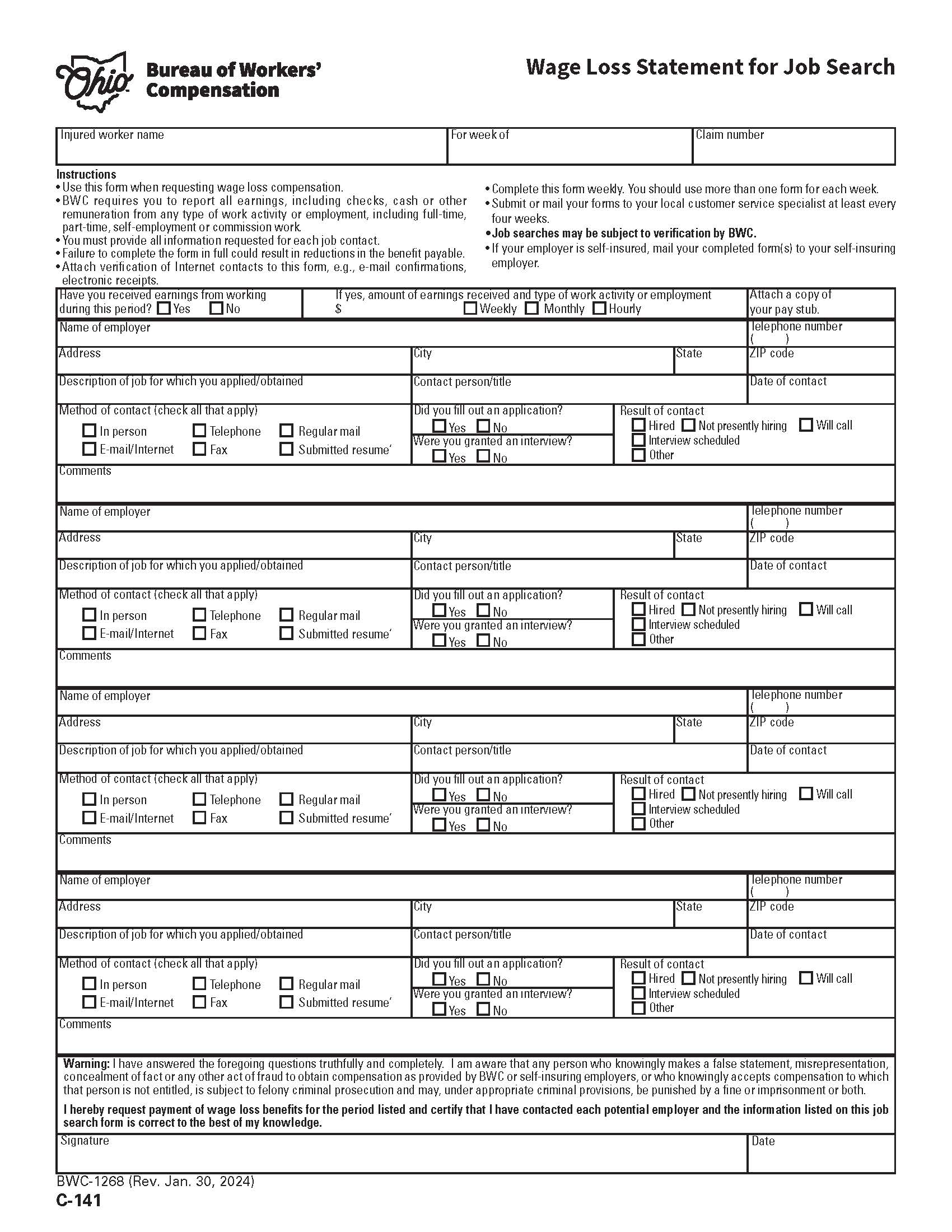 Wage Loss Statement For Job Search {BWC-1268} | Pdf Fpdf Doc Docx | Ohio