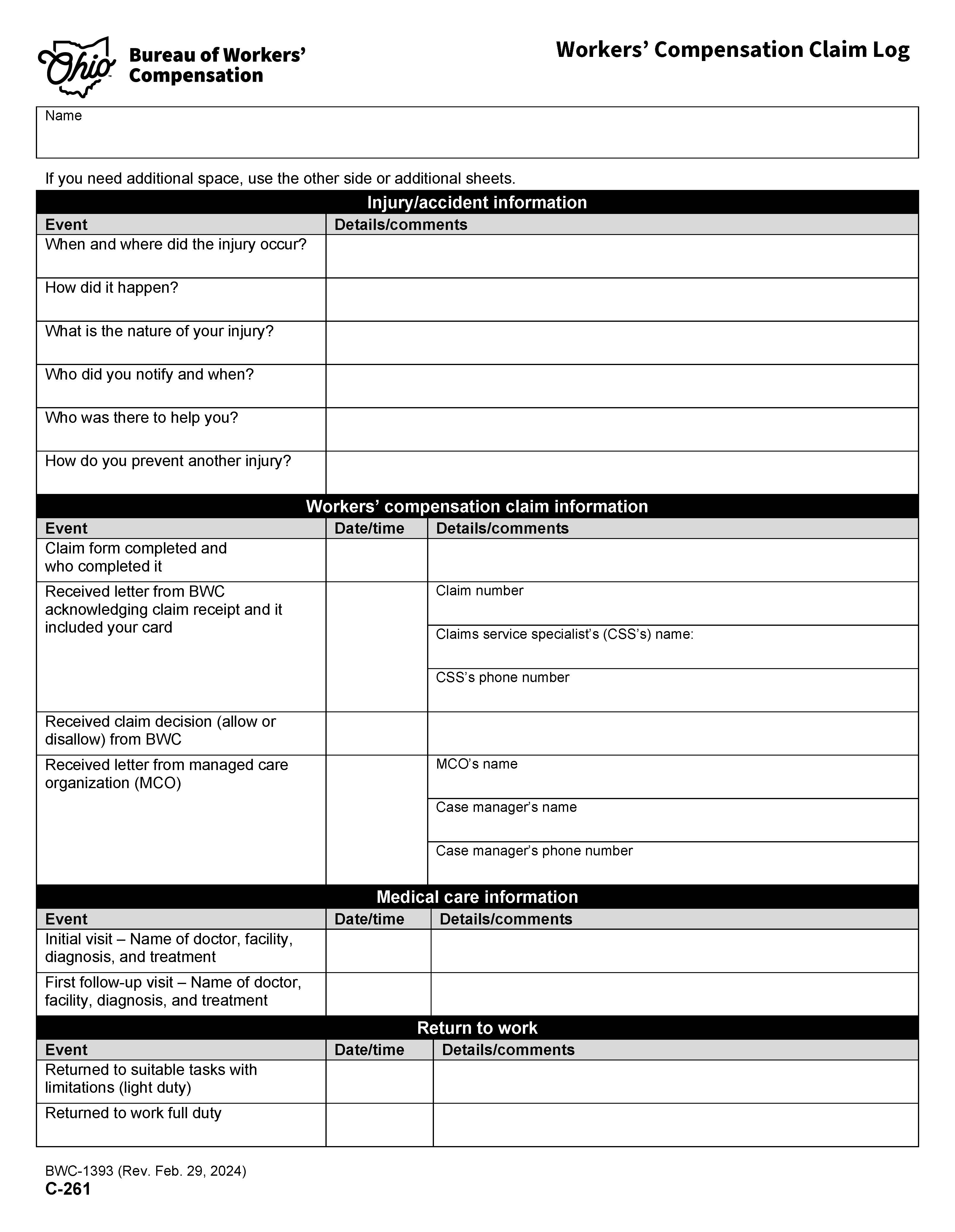 Workers Compensation Claim Log {BWC-1393} | Pdf Fpdf Doc Docx | Ohio