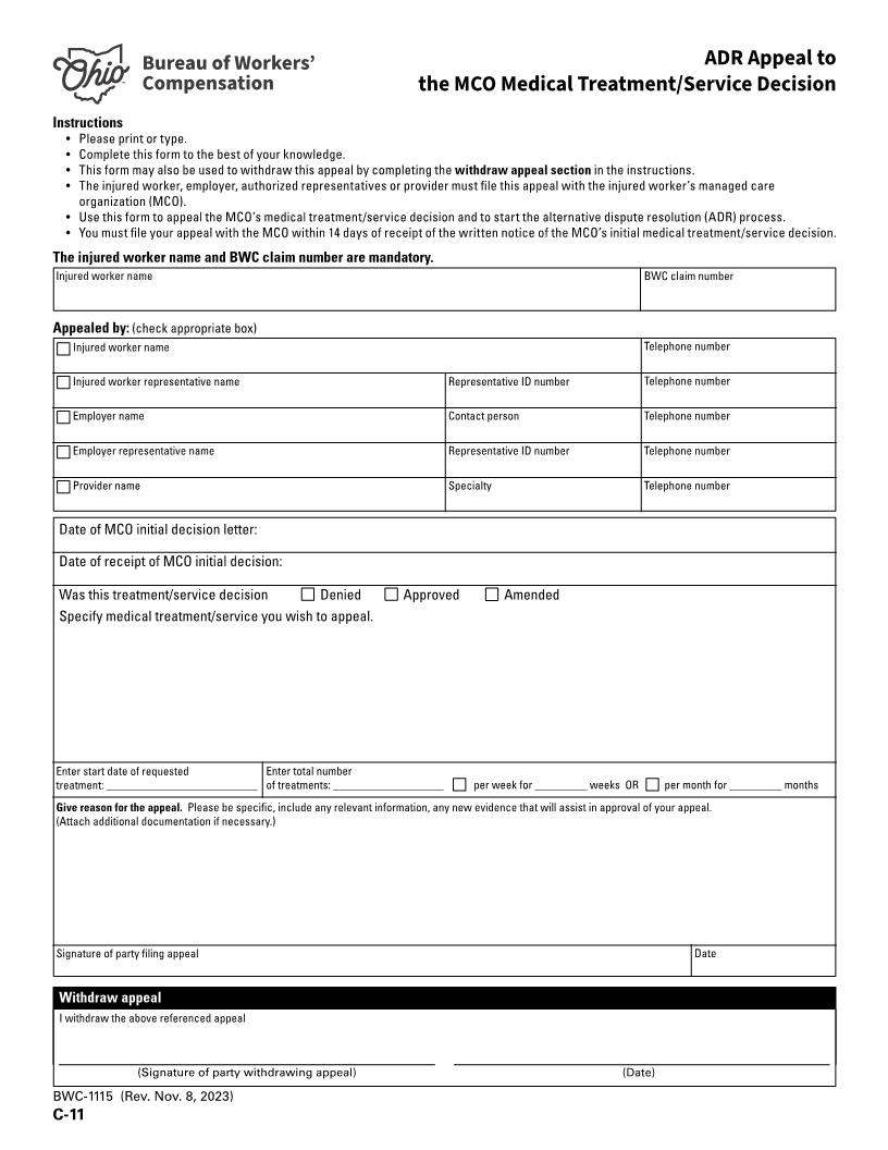 ADR Appeal To The MCO Medical Treatment Service Decision {BWC-1115} | Pdf Fpdf Doc Docx | Ohio