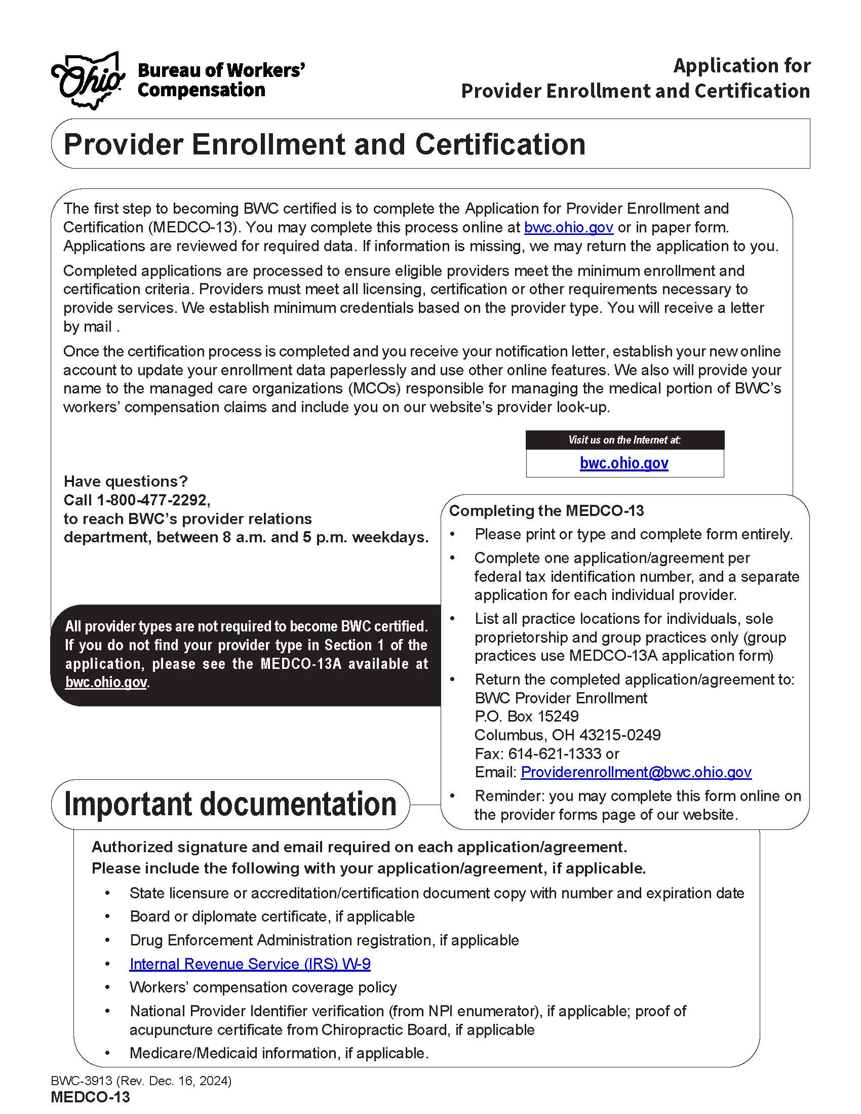 Application For Provider Enrollment And Certification {BWC-3913} | Pdf Fpdf Docx | Ohio
