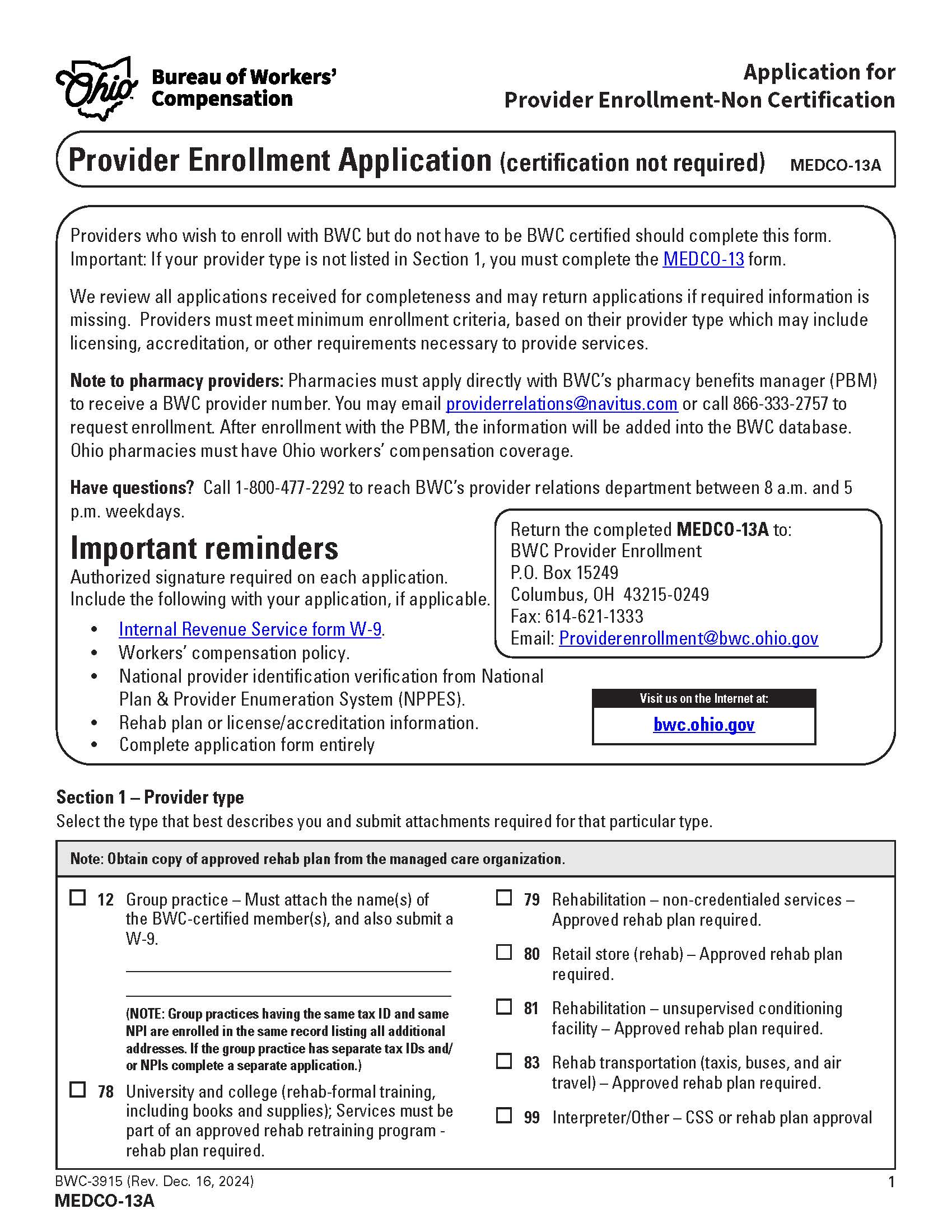 Application For Provider Enrollment Non Certification {BWC-3915} | Pdf Fpdf Docx | Ohio