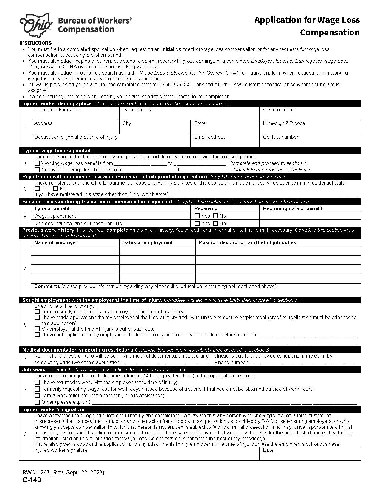 Application For Wage Loss Compensation {BWC-1267} | Pdf Fpdf Doc Docx | Ohio