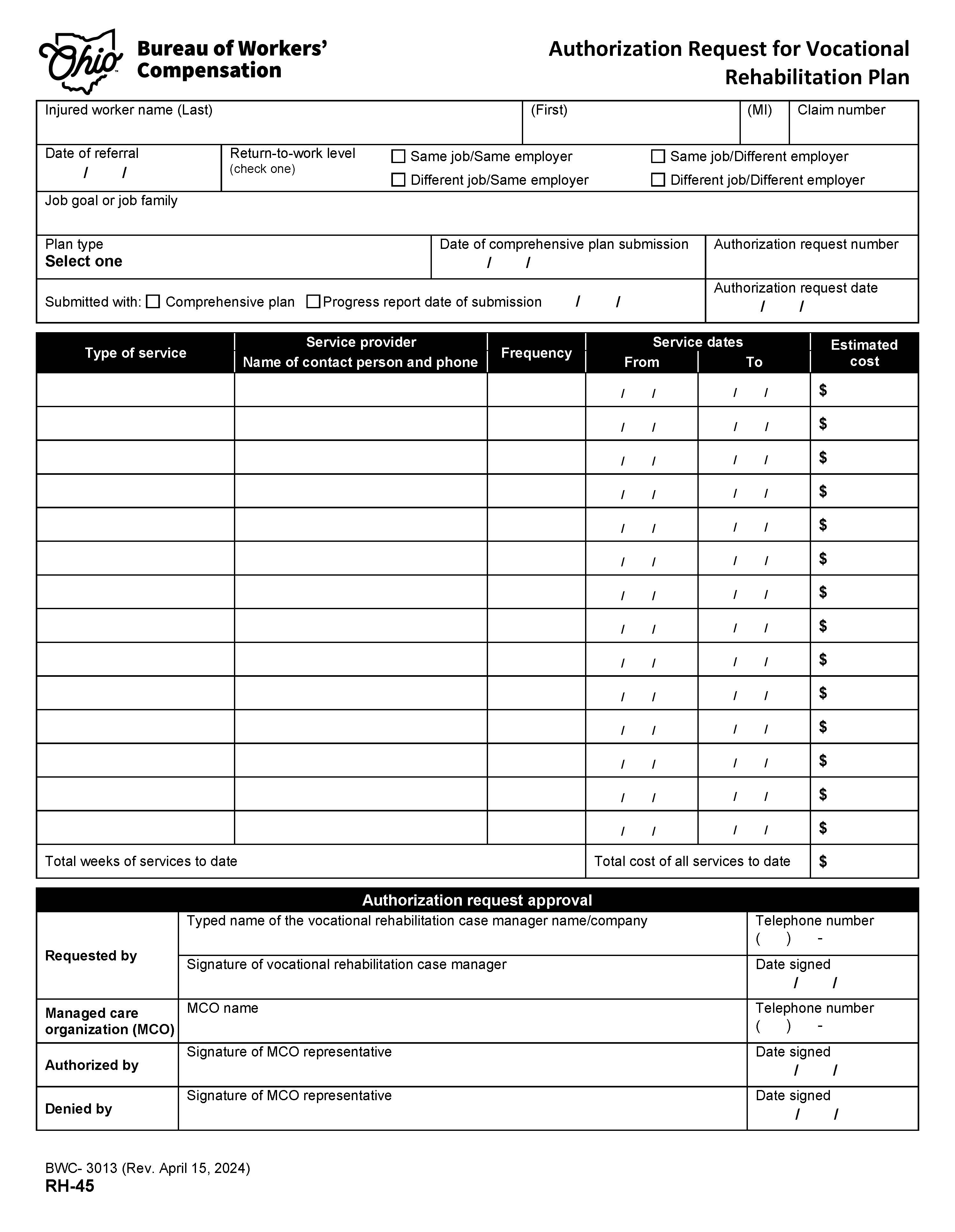 Authorization Request For Vocational Rehabilitation Plan {BWC-3013} | Pdf Fpdf Doc Docx | Ohio
