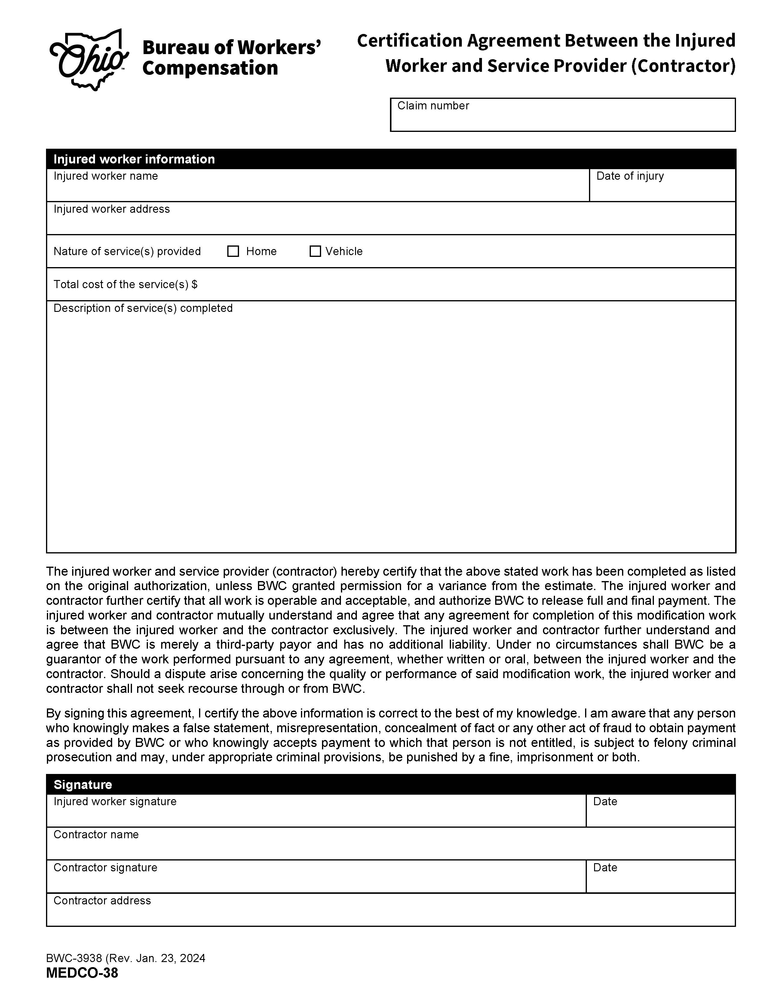 Certification Agreement Between Worker And Provider (Contractor) {BWC-3938} | Pdf Fpdf Docx | Ohio