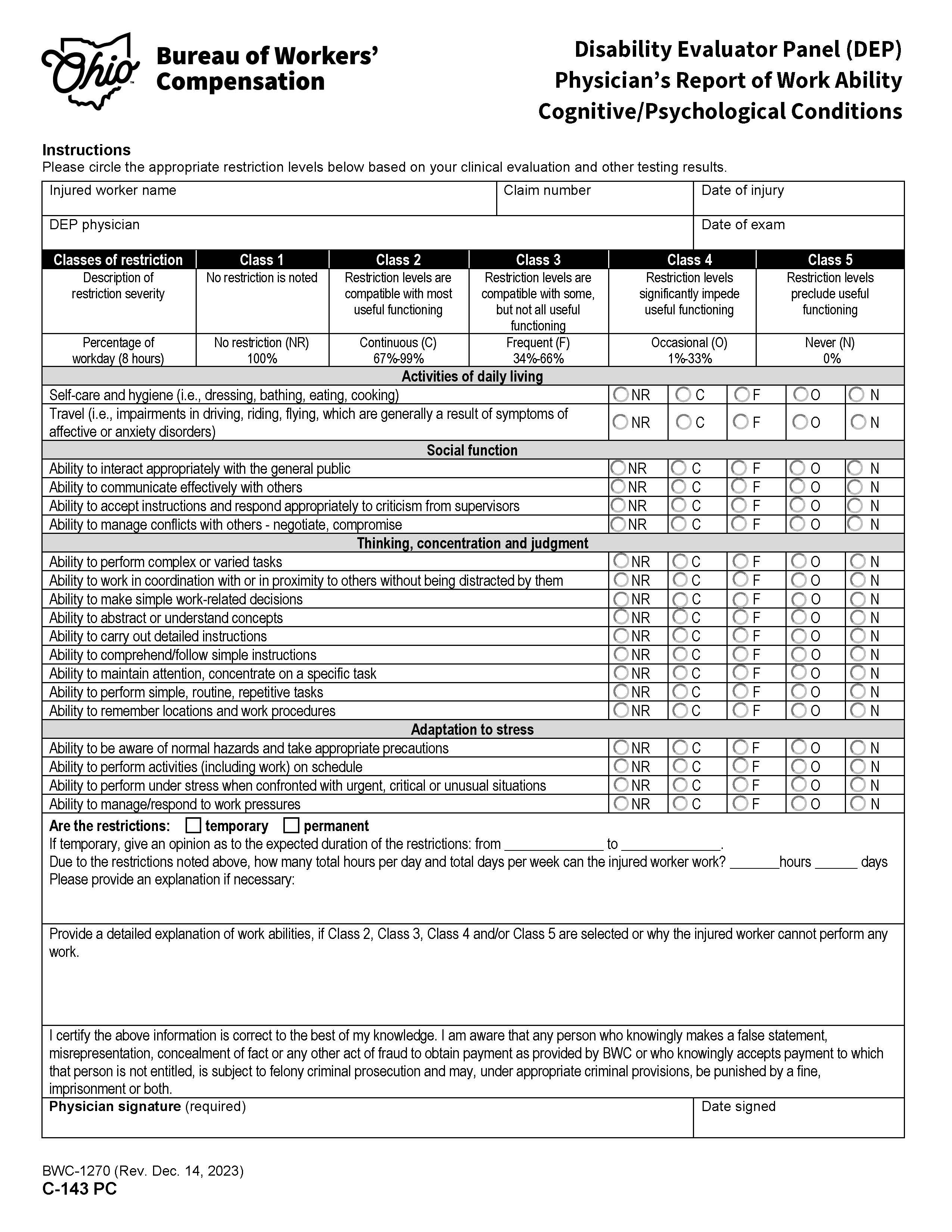 DEP Physicians Report Of Work Ability Cognitive Psychological {BWC-1270 PC} | Pdf Fpdf Docx | Ohio