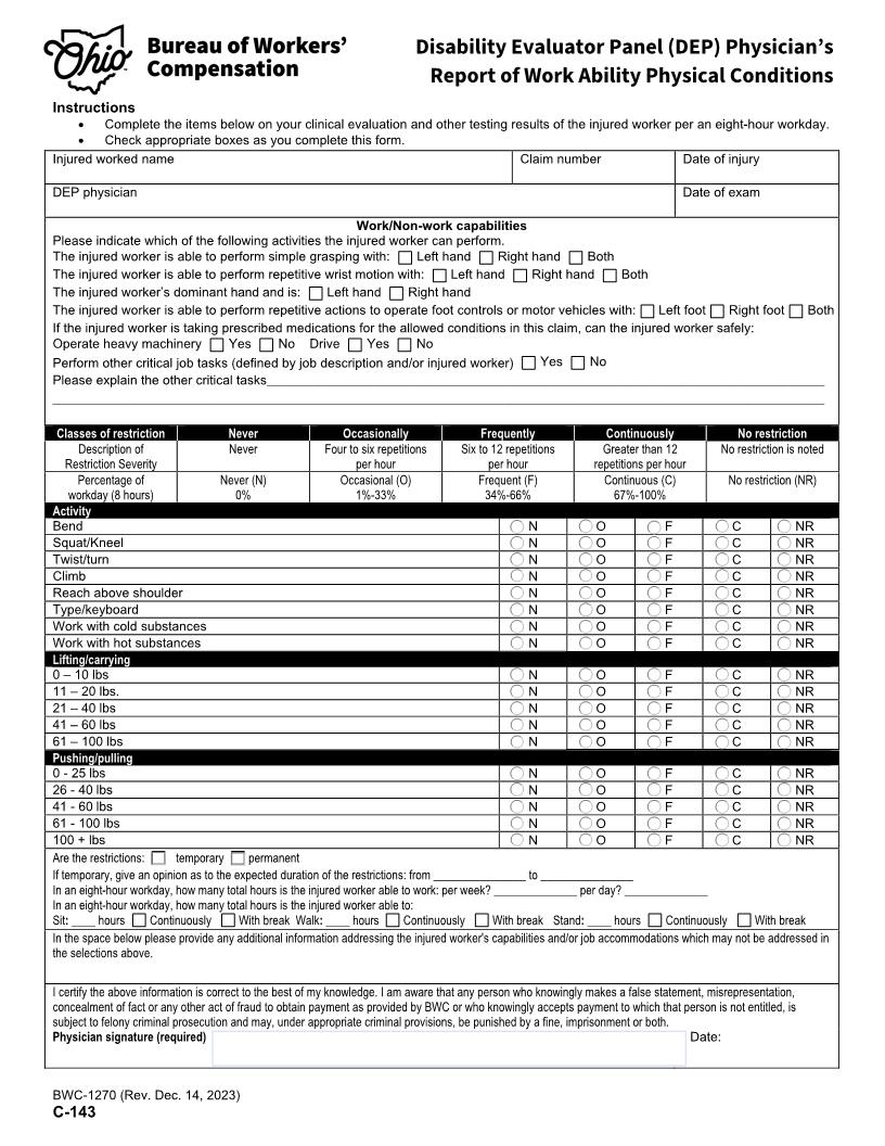 DEP Physicians Report To Work Ability {BWC-1270} | Pdf Fpdf Doc Docx | Ohio
