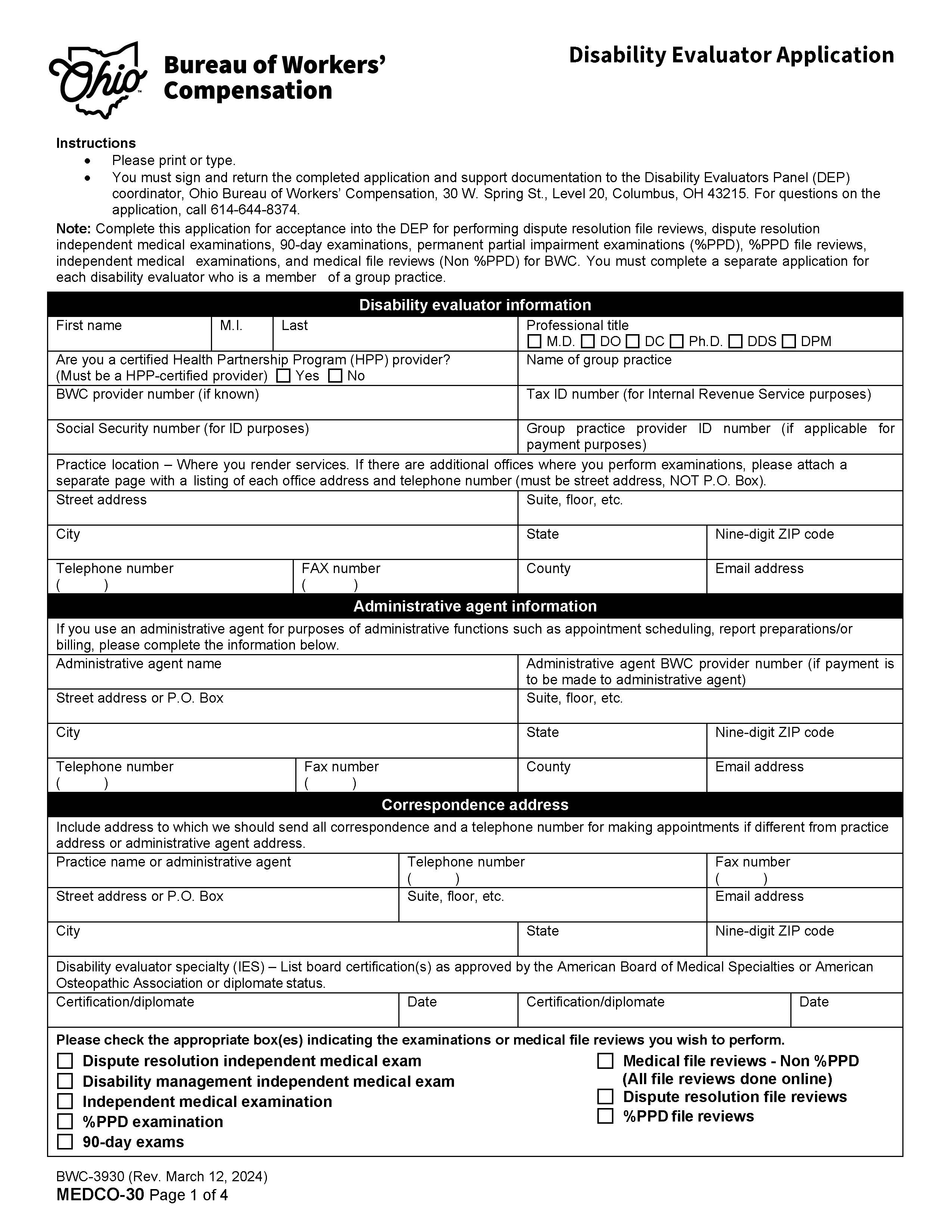 Disability Evaluator Application {BWC-3930} | Pdf Fpdf Doc Docx | Ohio