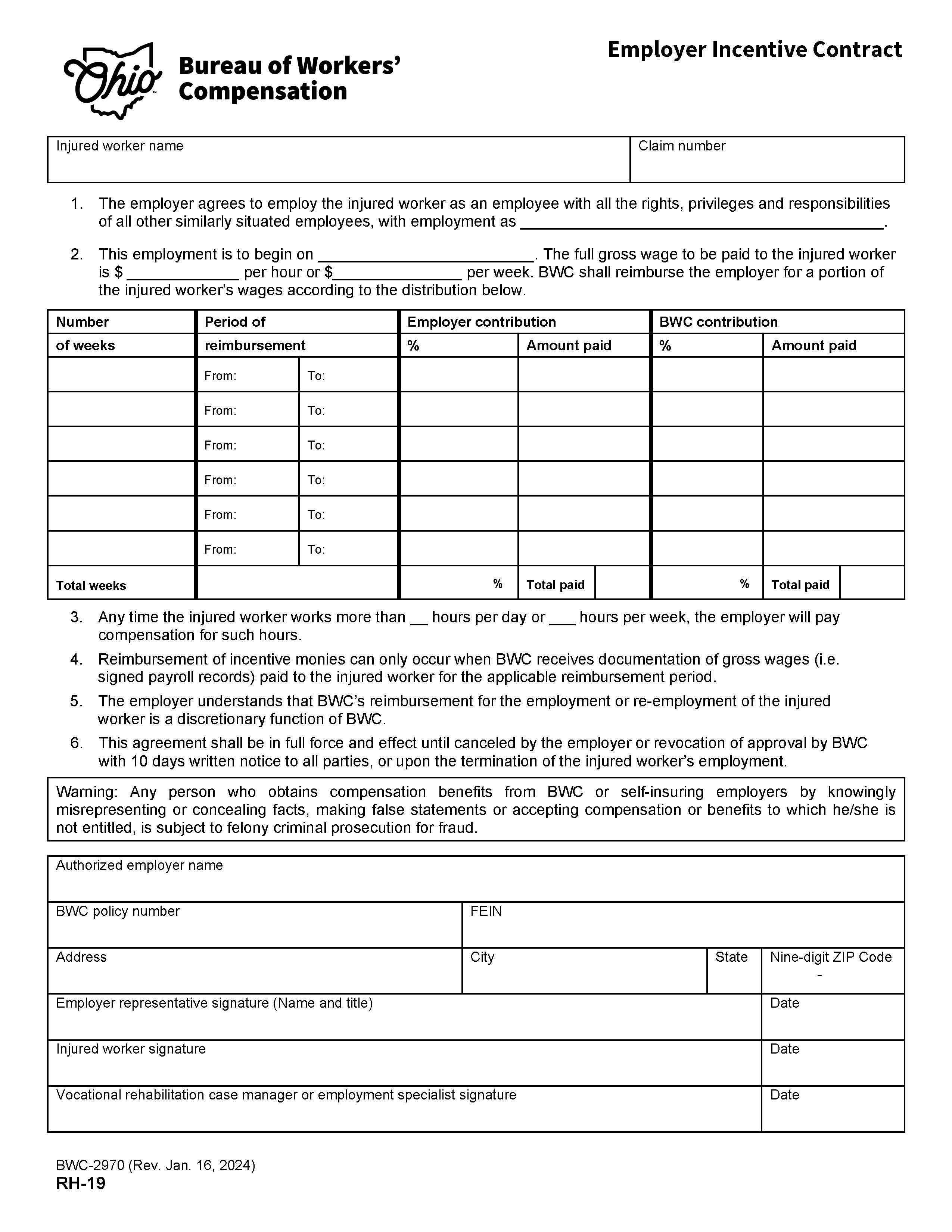 Employer Incentive Contract {BWC-2970} | Pdf Fpdf Doc Docx | Ohio