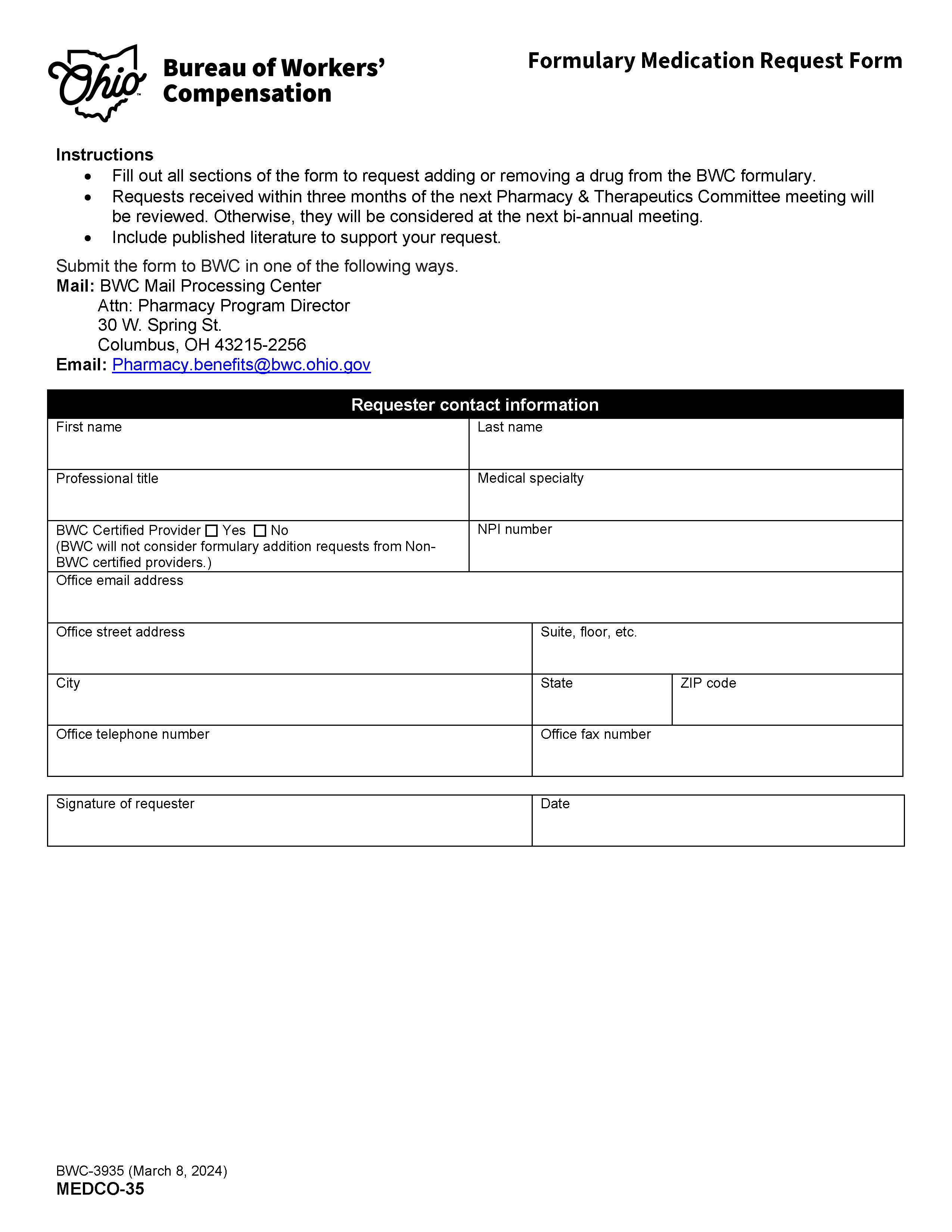 Formulary Medication Request Form {BWC-3935} | Pdf Fpdf Doc Docx | Ohio
