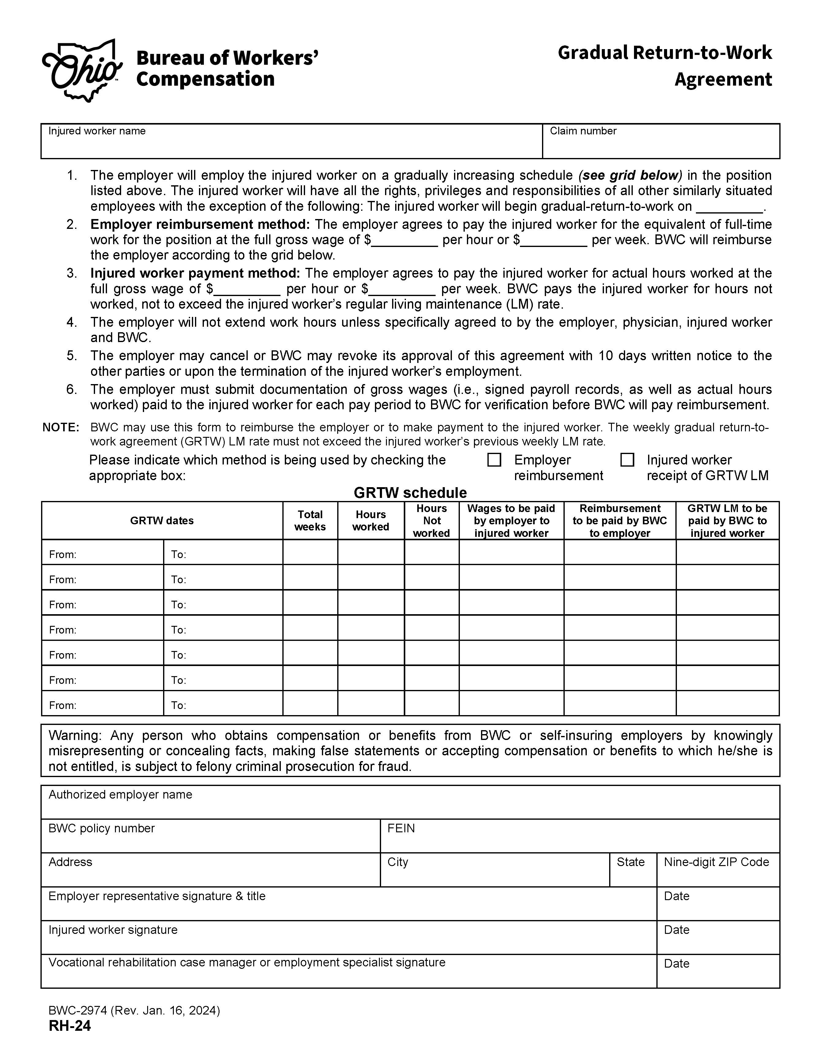 Gradual Return To Work Agreement {BWC-2974} | Pdf Fpdf Doc Docx | Ohio