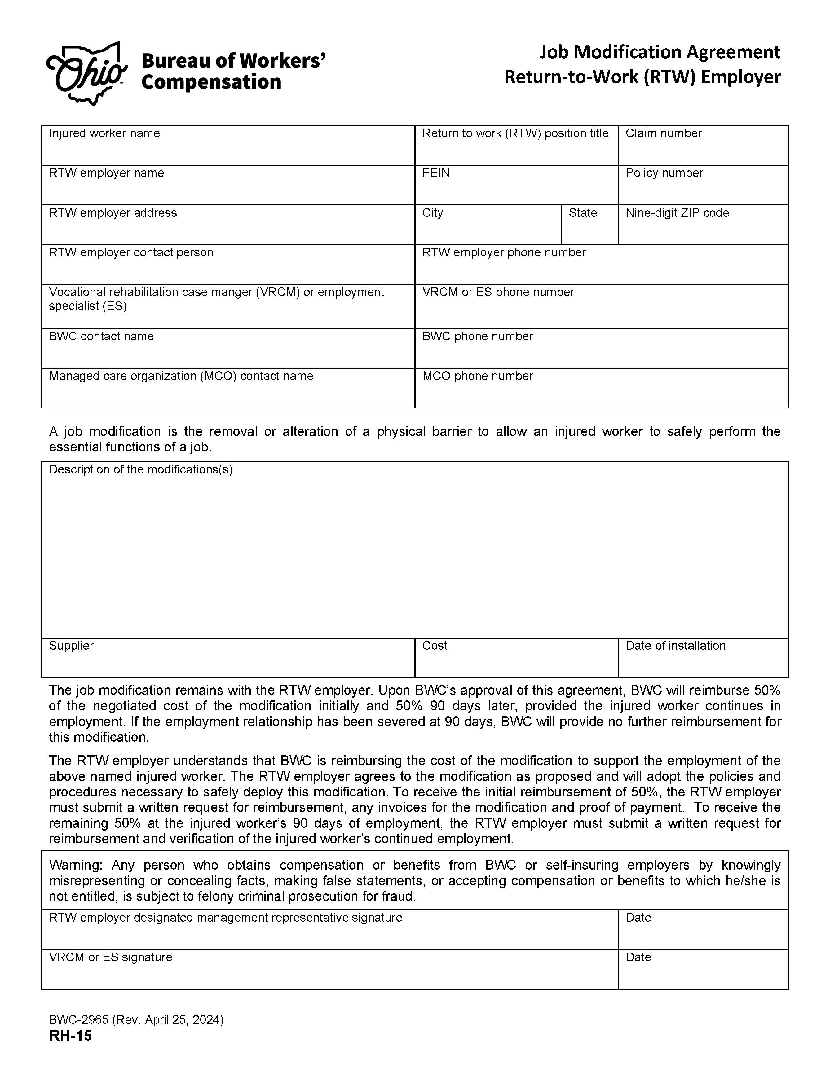 Job Modification Agreement - Return To Work (RTW) Employer {BWC-2965} | Pdf Fpdf Docx | Ohio