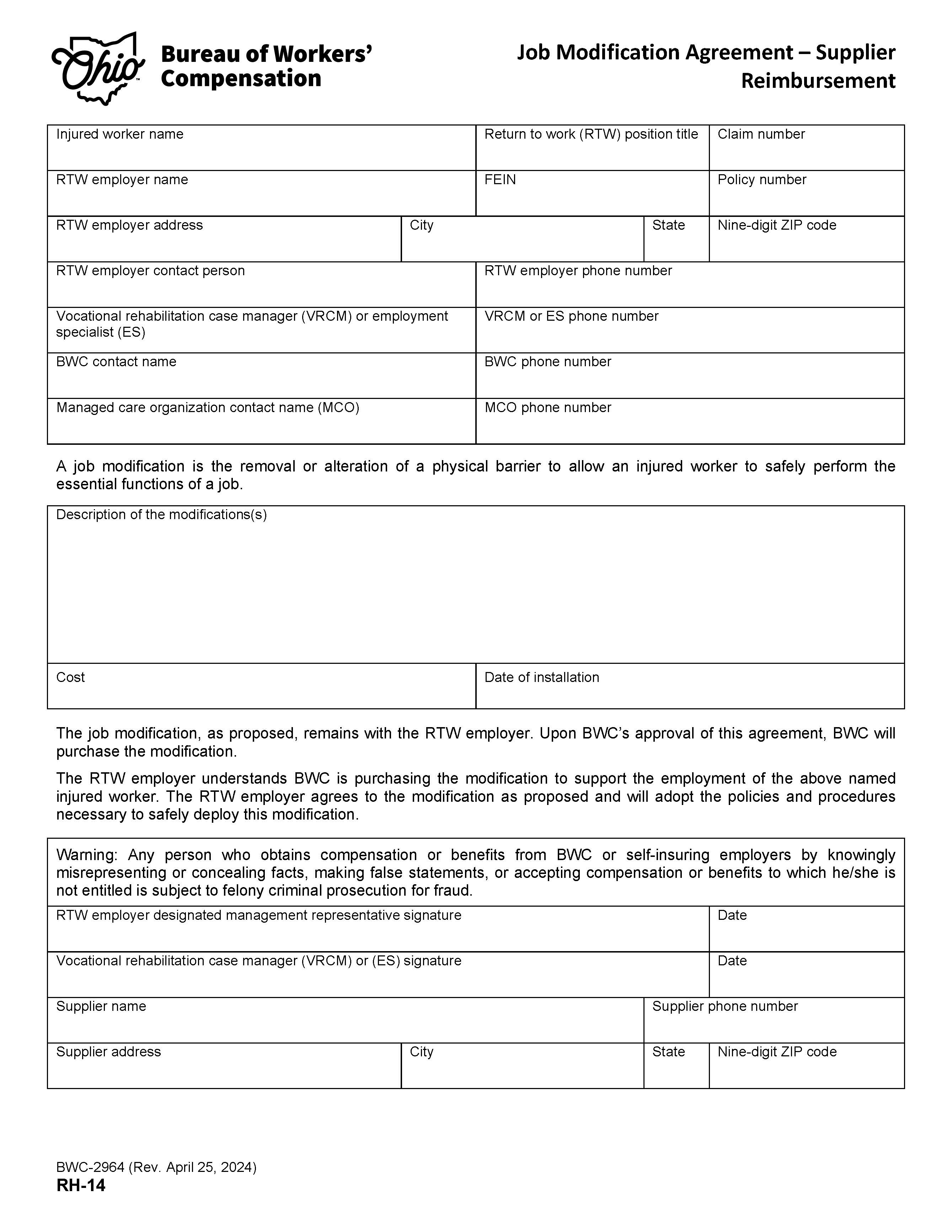 Job Modification Agreement - Supplier Reimbursement {BWC-2964} | Pdf Fpdf Doc Docx | Ohio