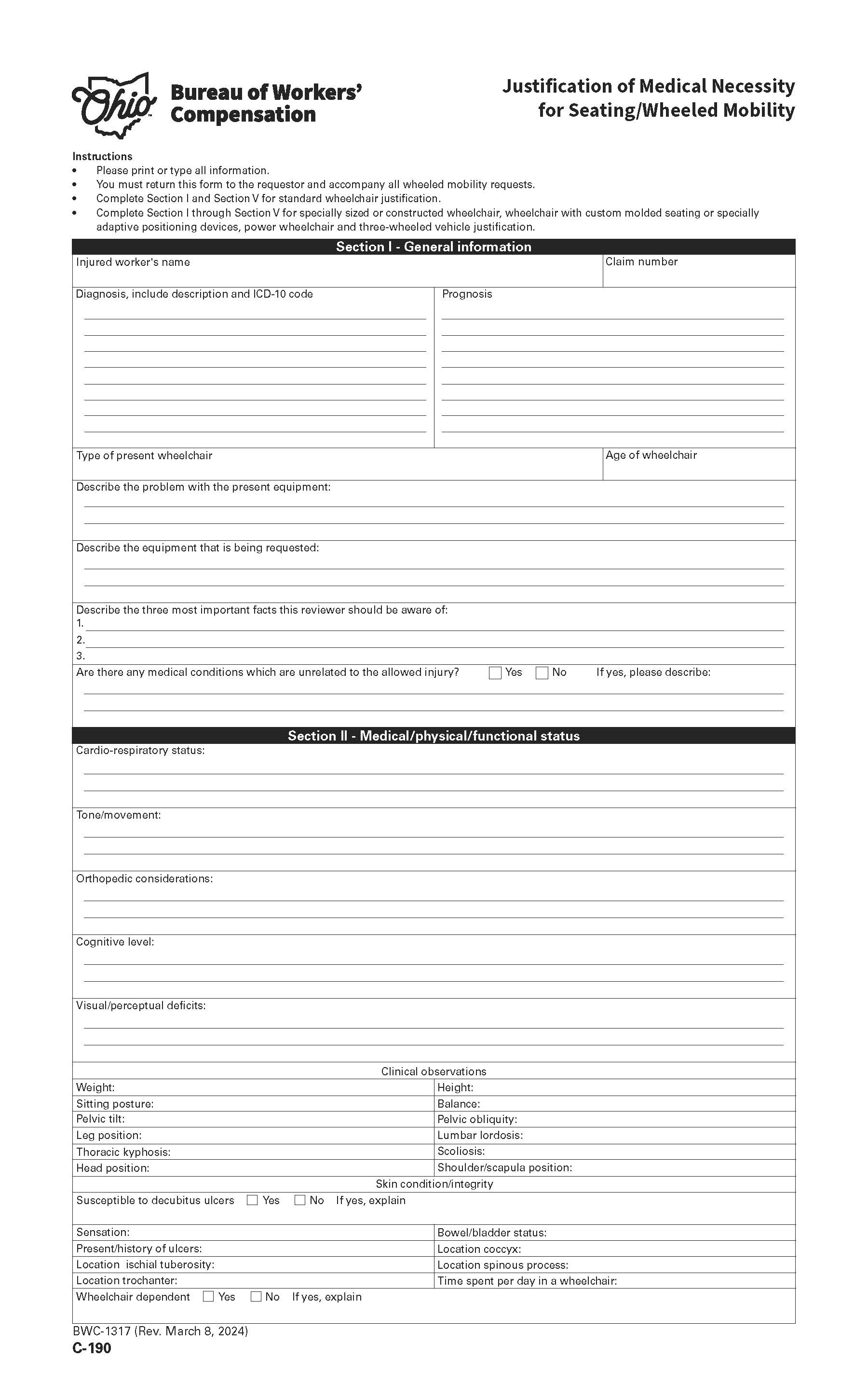 Justification Of Medical Necessity For Seating Wheeled Mobility {BWC-1317} | Pdf Fpdf Doc Docx | Ohio