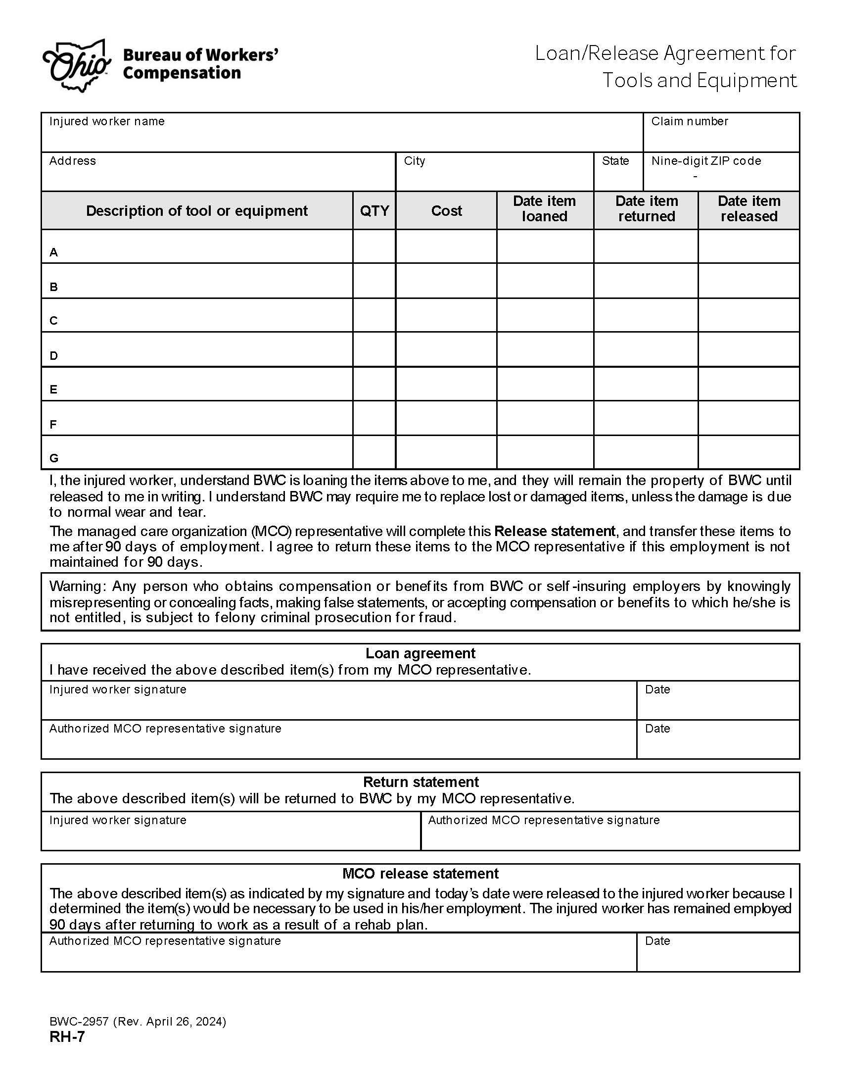 Loan Release Agreement For Tools And Equipment {BWC-2957} | Pdf Fpdf Doc Docx | Ohio