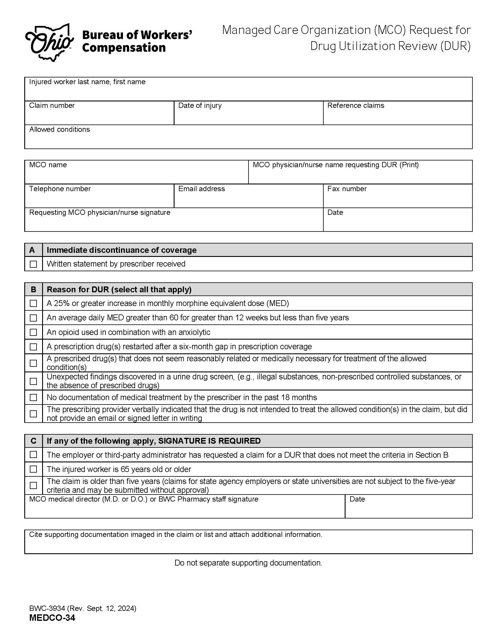 Managed Care Organization Request For Drug Utilization Review {BWC-3934} | Pdf Fpdf Doc Docx | Ohio
