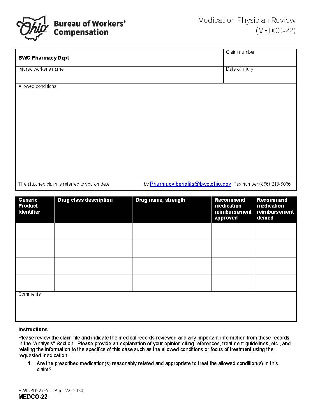 Medication Physician Review {BWC-3922} | Pdf Fpdf Doc Docx | Ohio
