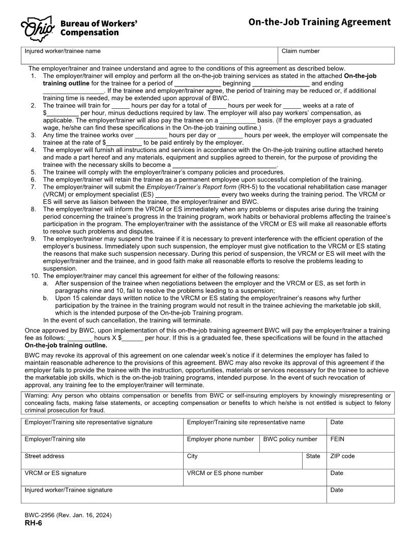 On The Job Training Agreement {BWC-2956} | Pdf Fpdf Doc Docx | Ohio