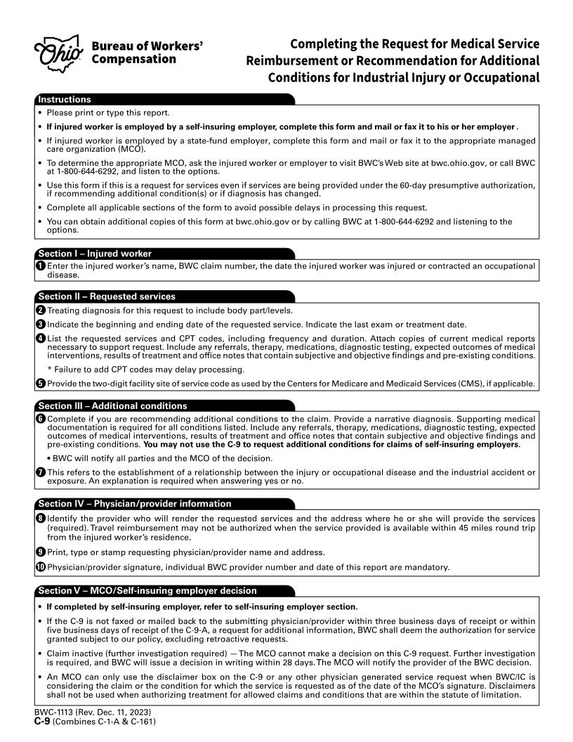Physicians Request For Medical Service Or Recommendation For Additional Conditions For Industrial Injury Or Occupational Disease {BWC-1113} | Pdf Fpdf Doc Docx | Ohio