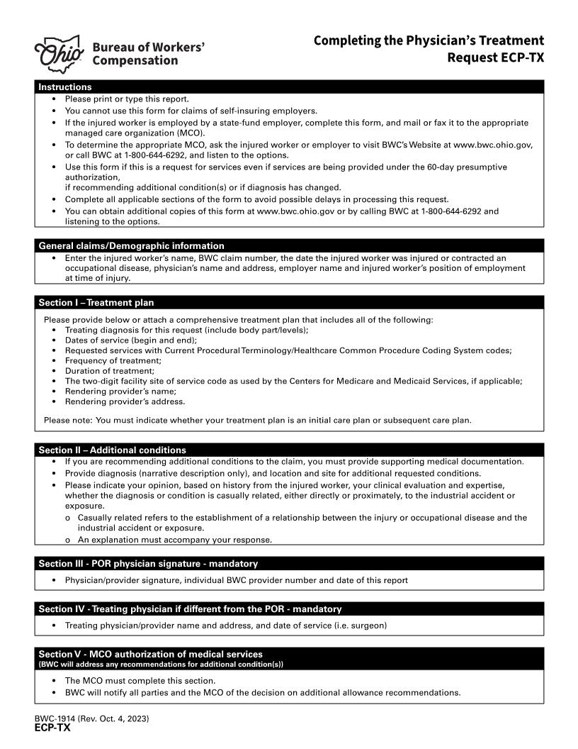 Physicians Treatment Request {BWC-1914} | Pdf Fpdf Docx | Ohio