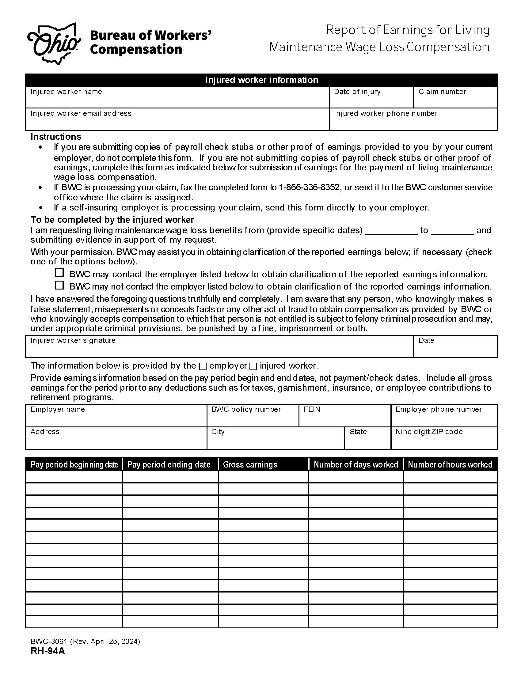 Report Of Earnings For Living Maintenance Wage Loss Compensation {BWC-3061} | Pdf Fpdf Doc Docx | Ohio