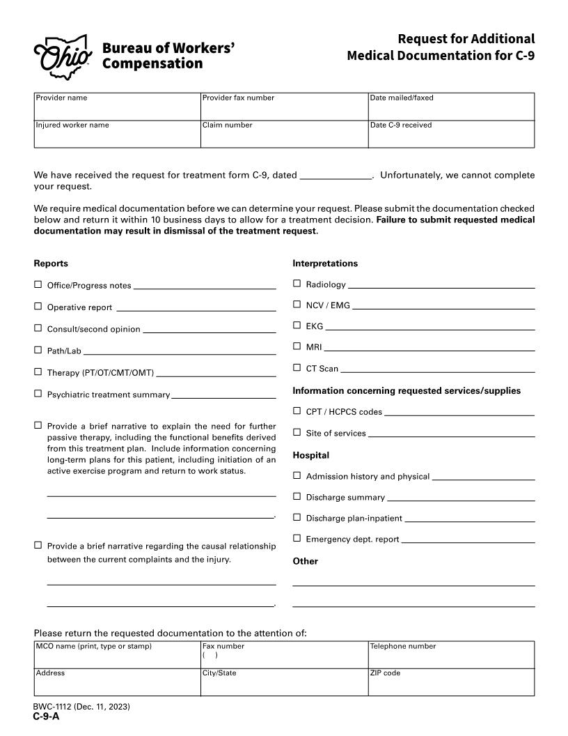 Request For Additional Medical Documentation For C-9 {BWC-1112} | Pdf Fpdf Doc Docx | Ohio